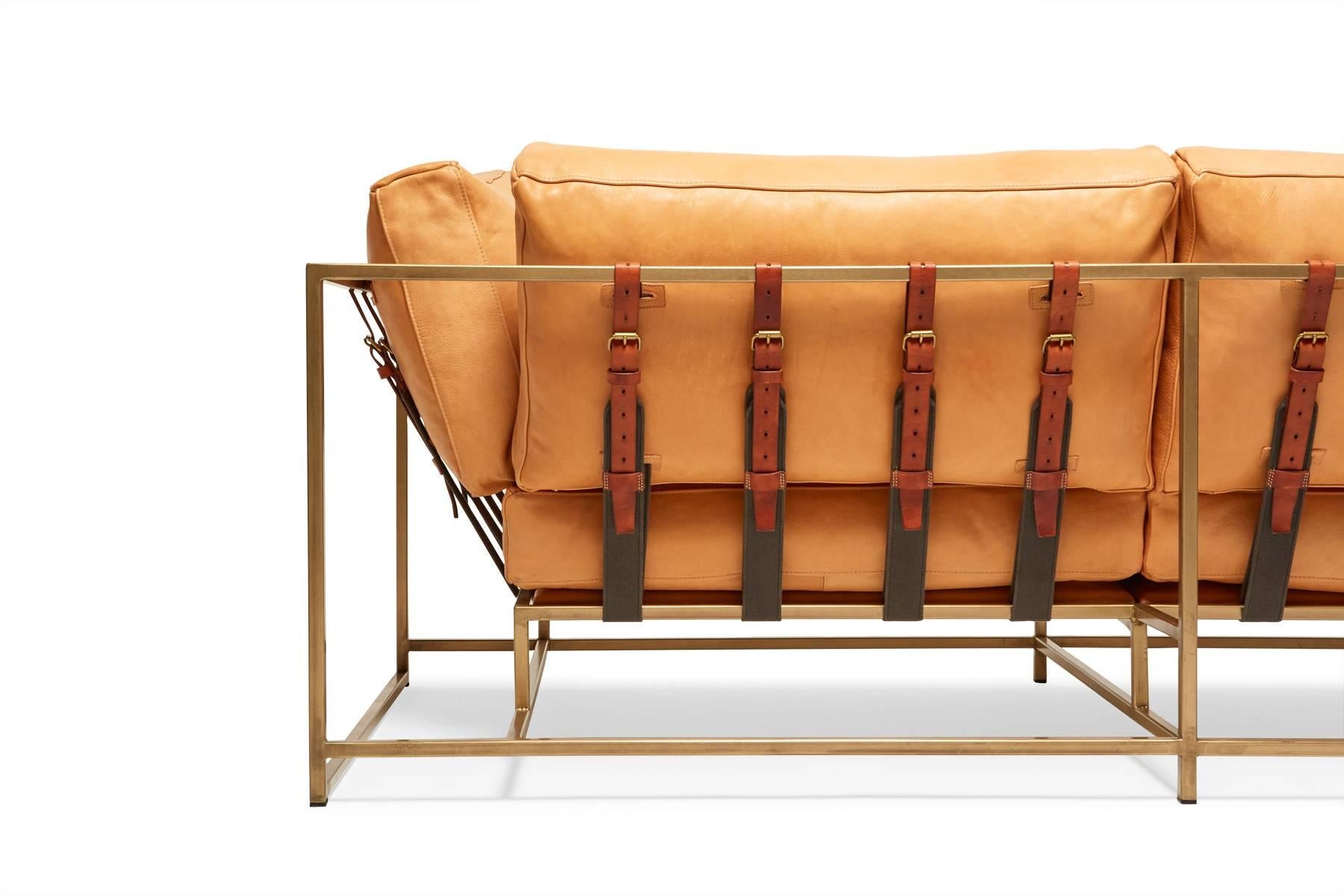 Natural Leather and Antique Brass Two Seat Sofa For Sale 2