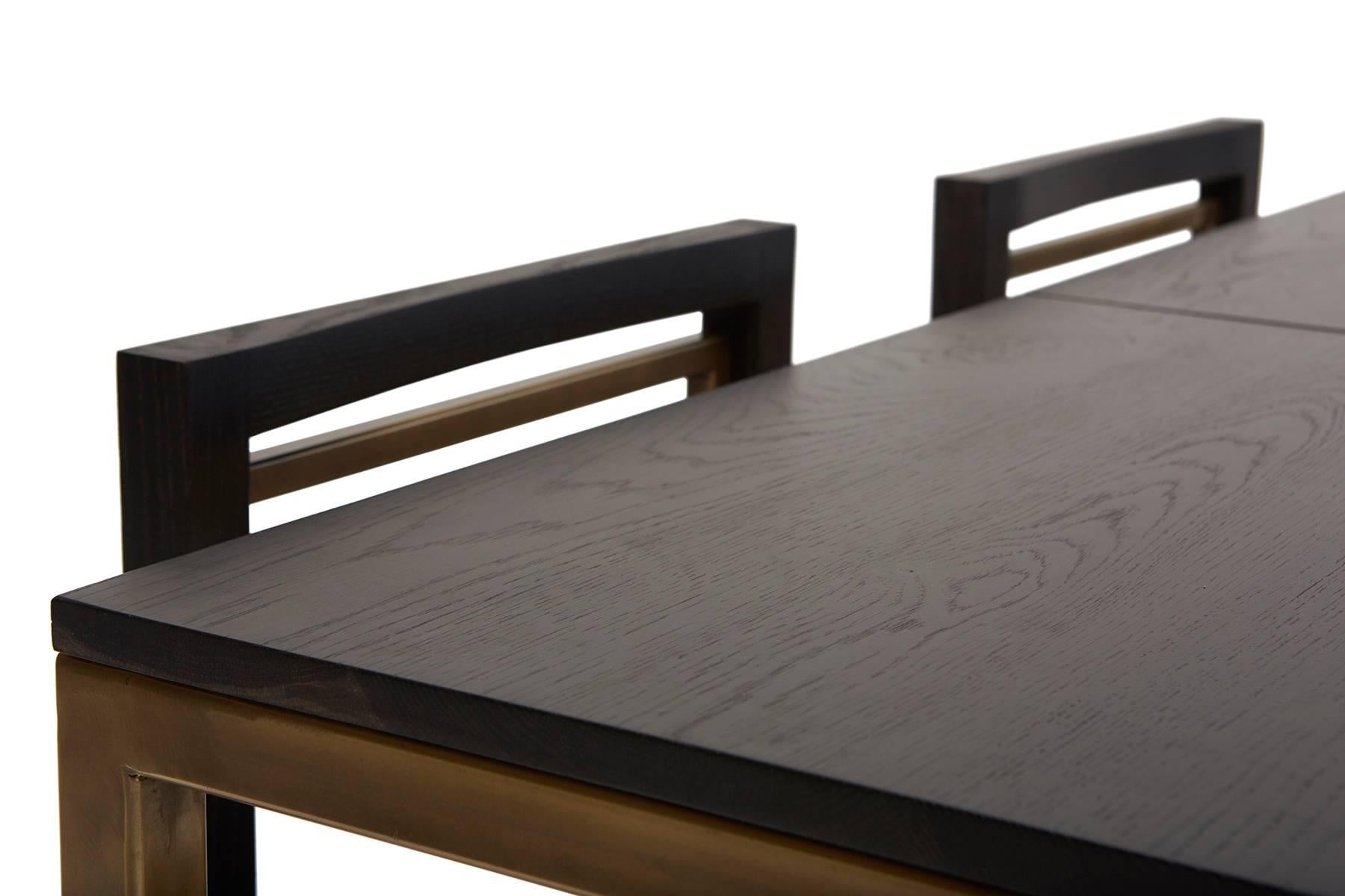 Modern Ebonized Oak and Antique Brass Large Dining Table For Sale