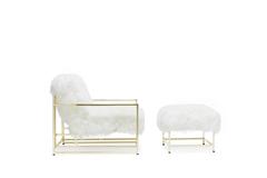 White Mongolian Sheepskin and Polished Brass Armchair and Ottoman