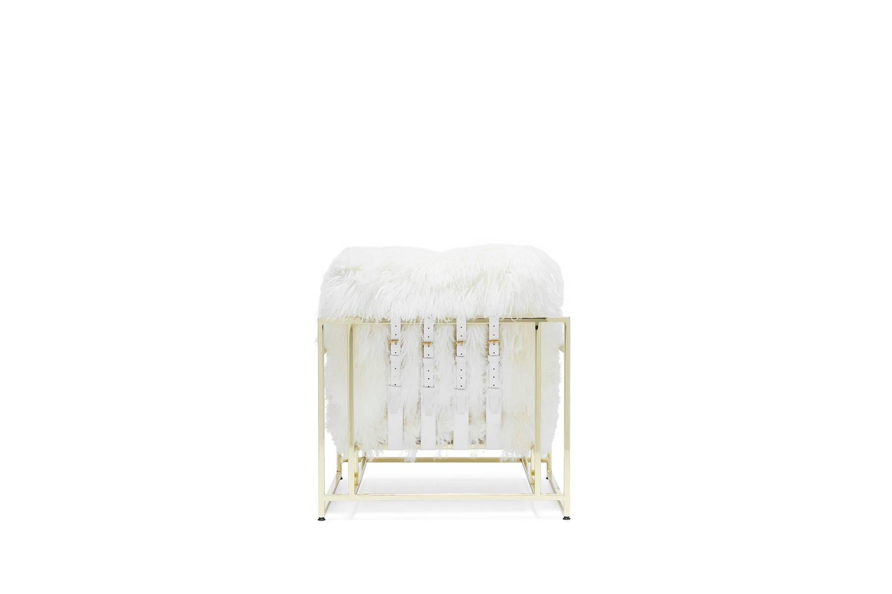 American White Mongolian Sheepskin and Polished Brass Armchair and Ottoman For Sale