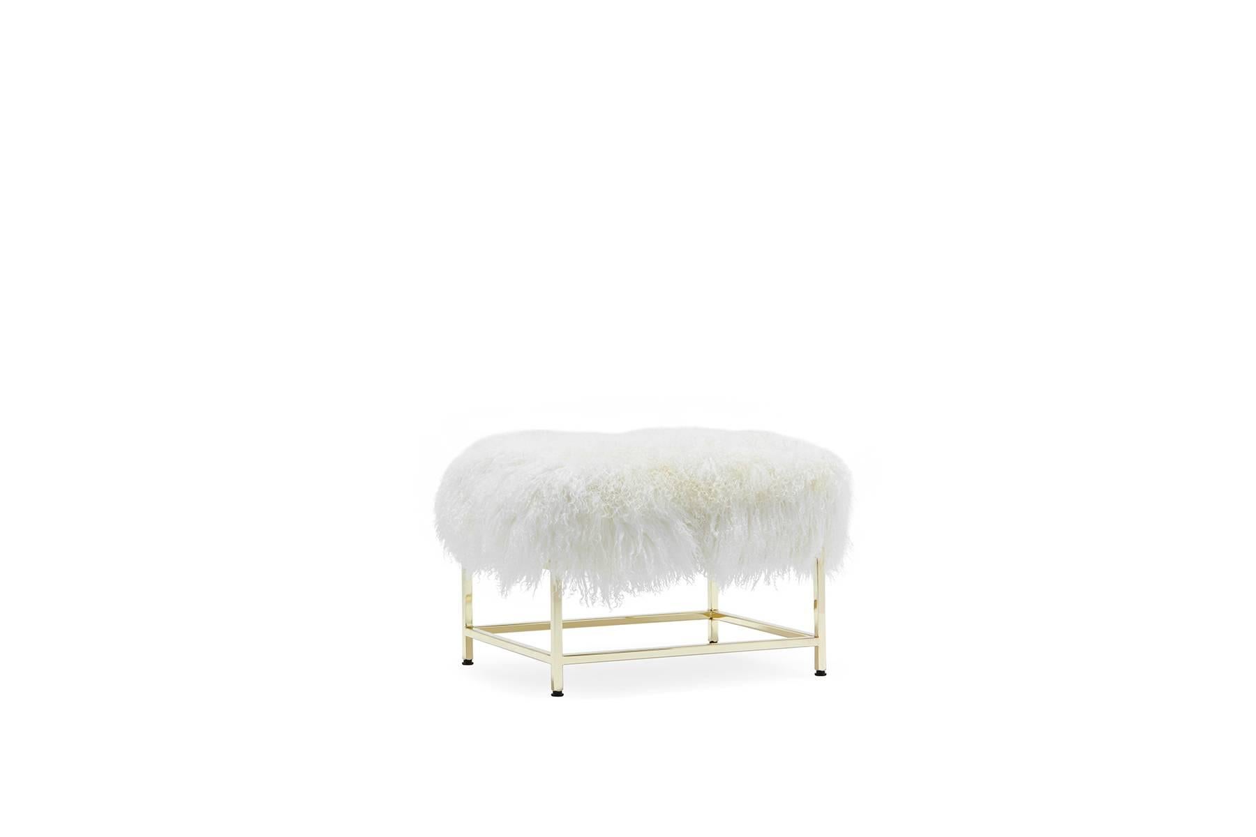 Contemporary White Mongolian Sheepskin and Polished Brass Armchair and Ottoman For Sale