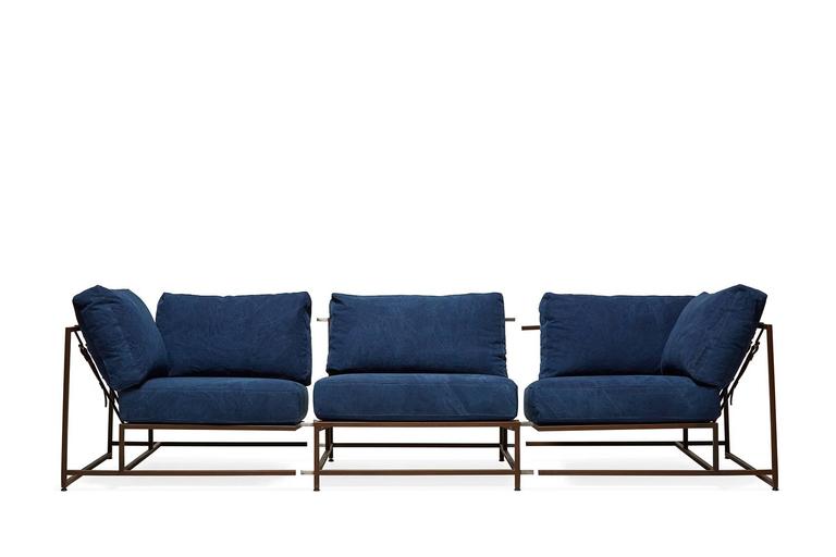 Modern Hand-Dyed Indigo Canvas and Marbled Rust Three Piece Sofa For Sale
