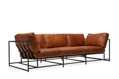 Cognac Brown Leather and Blackened Steel Sofa