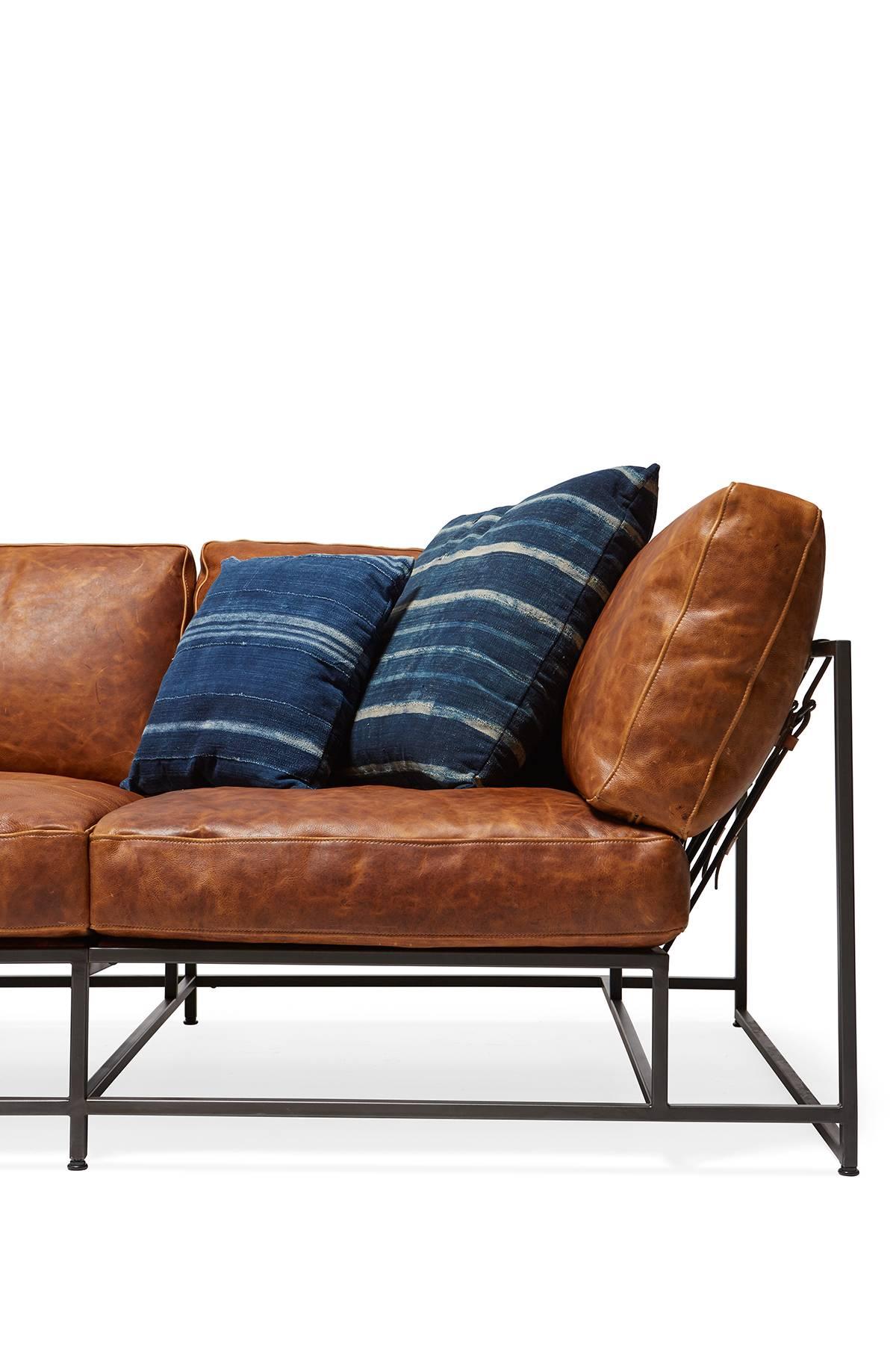 Cognac Brown Leather and Blackened Steel Sofa In New Condition For Sale In Los Angeles, CA