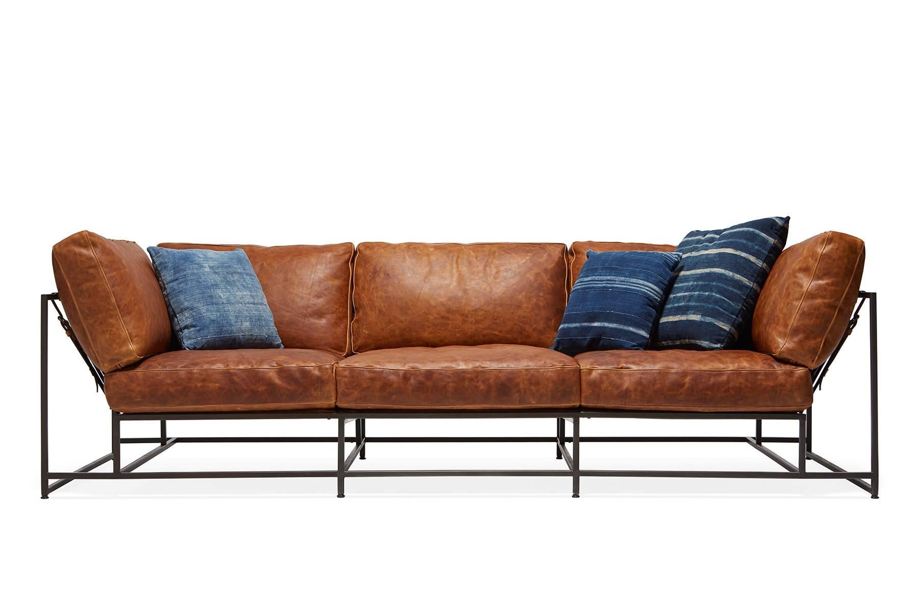 Metalwork Cognac Brown Leather and Blackened Steel Sofa For Sale