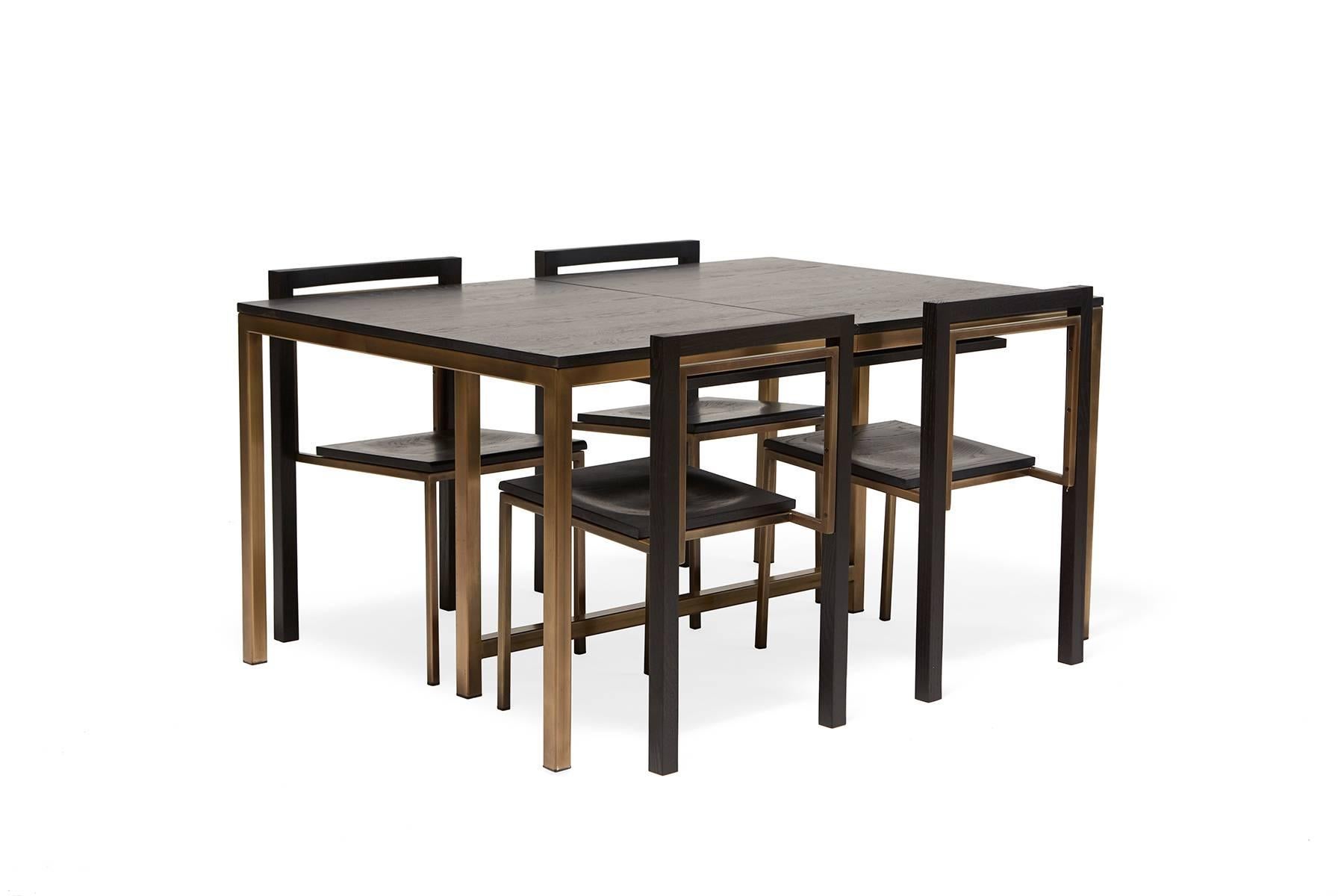 American Ebonized Oak and Antique Brass Expandable Dining Table