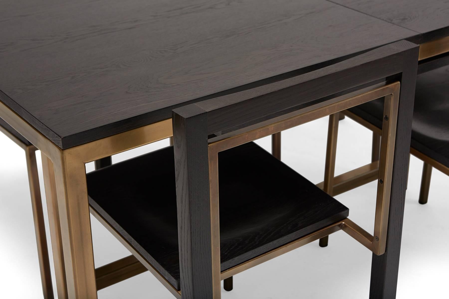 Contemporary Ebonized Oak and Antique Brass Expandable Dining Table