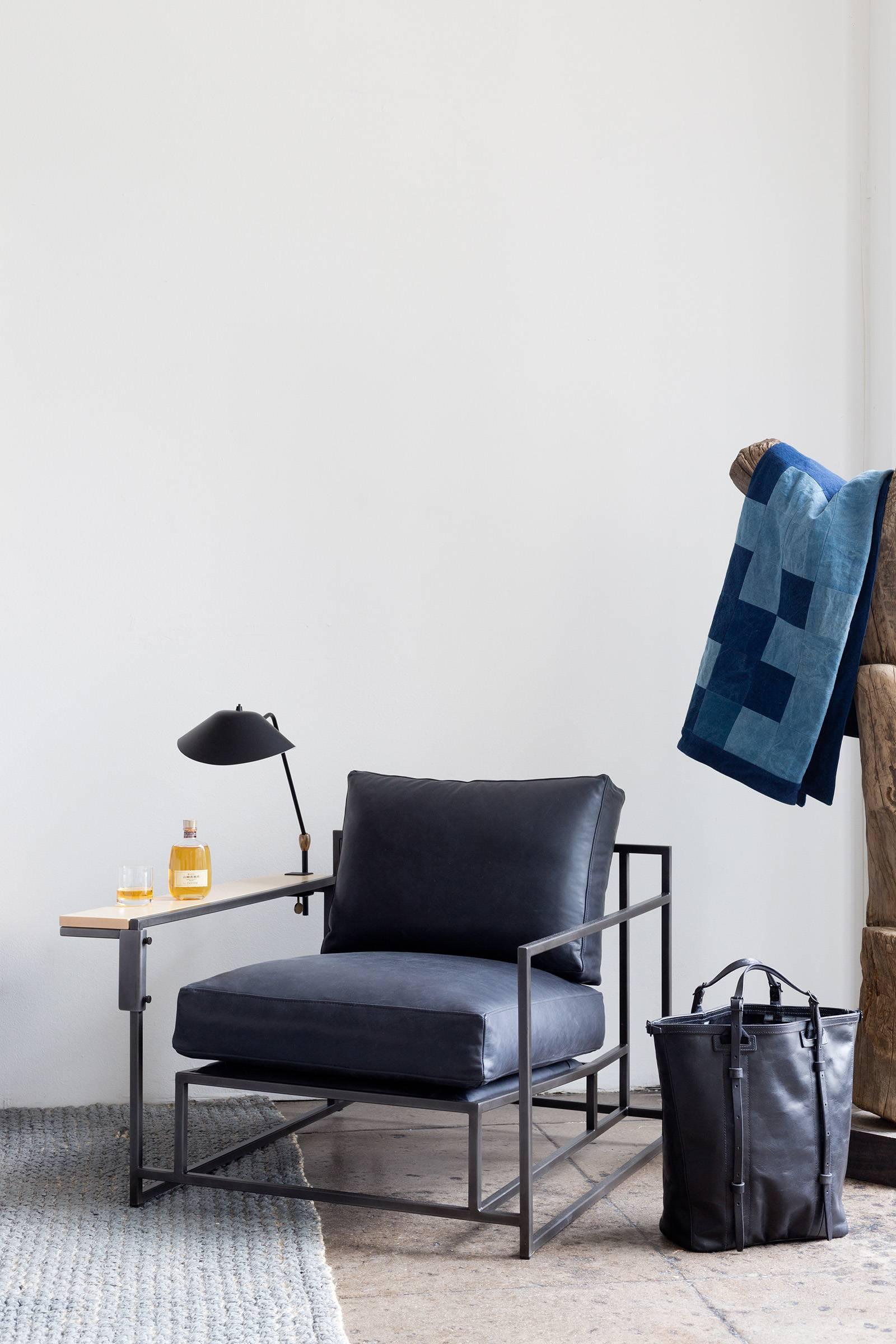 Contemporary Providence Blue Smoke Leather and Blackened Steel Armchair V1 For Sale