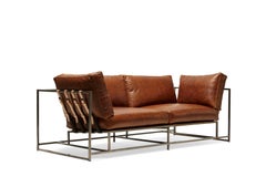 Potomac Tan Leather and Antique Nickel Two Seat Sofa with Charcoal Belting