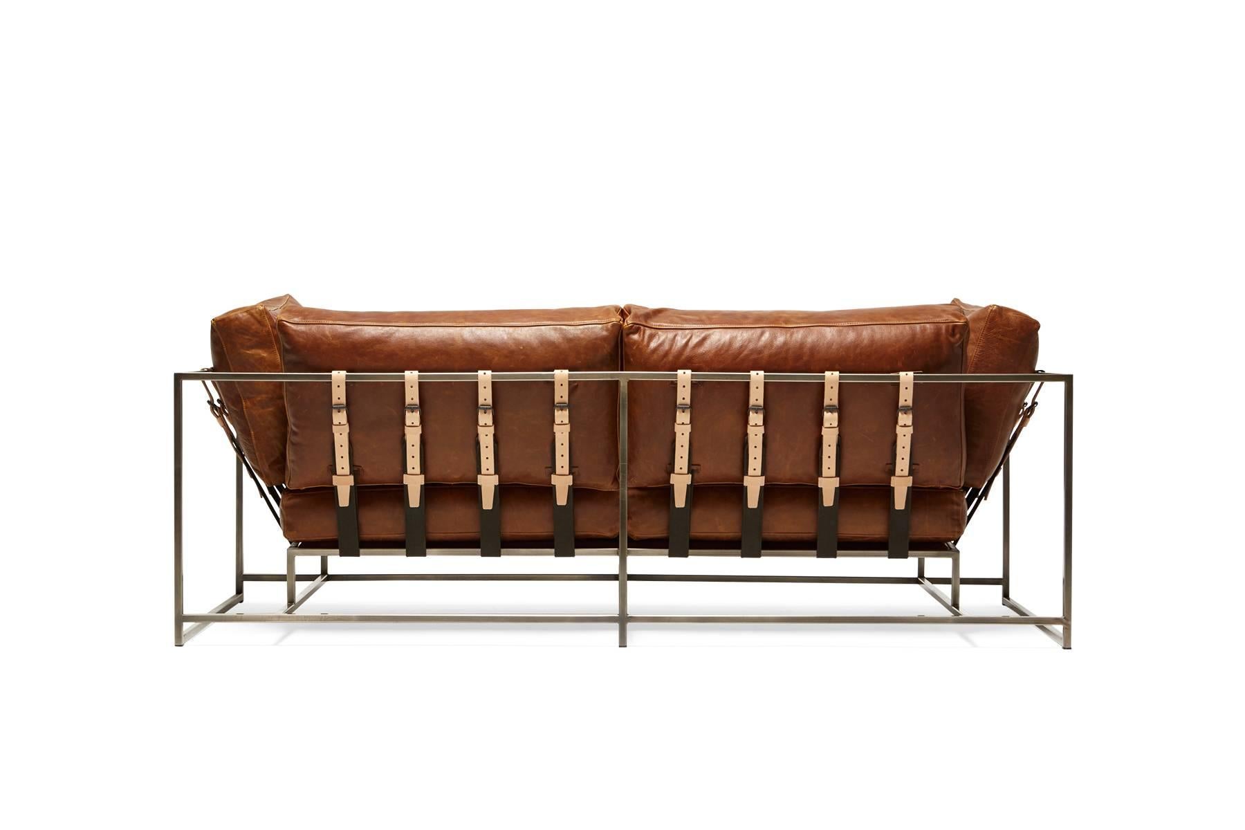 Modern Potomac Tan Leather and Antique Nickel Two Seat Sofa with Charcoal Belting For Sale