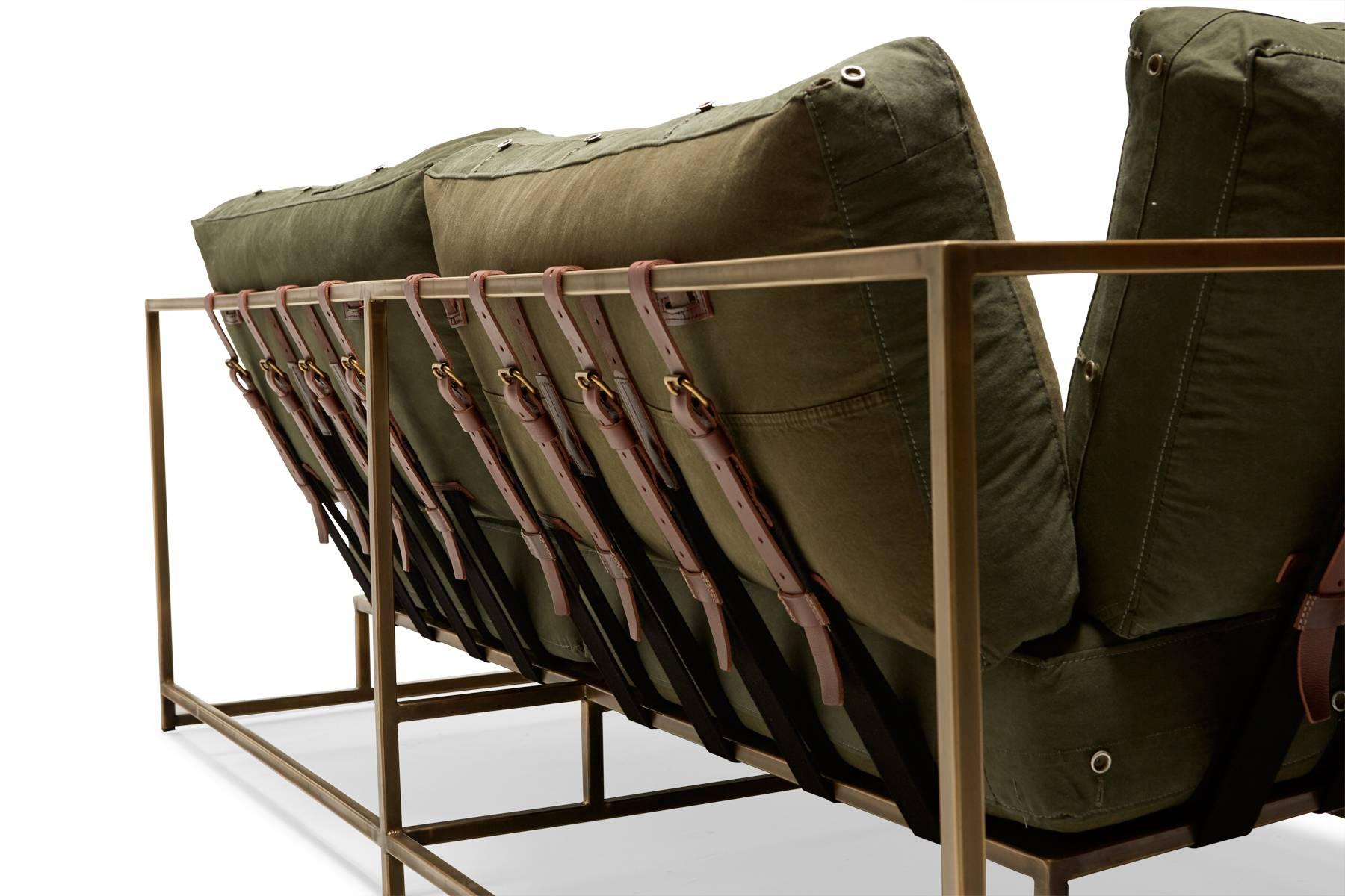 Modern Vintage Military Canvas and Antique Brass Two Seat Sofa For Sale