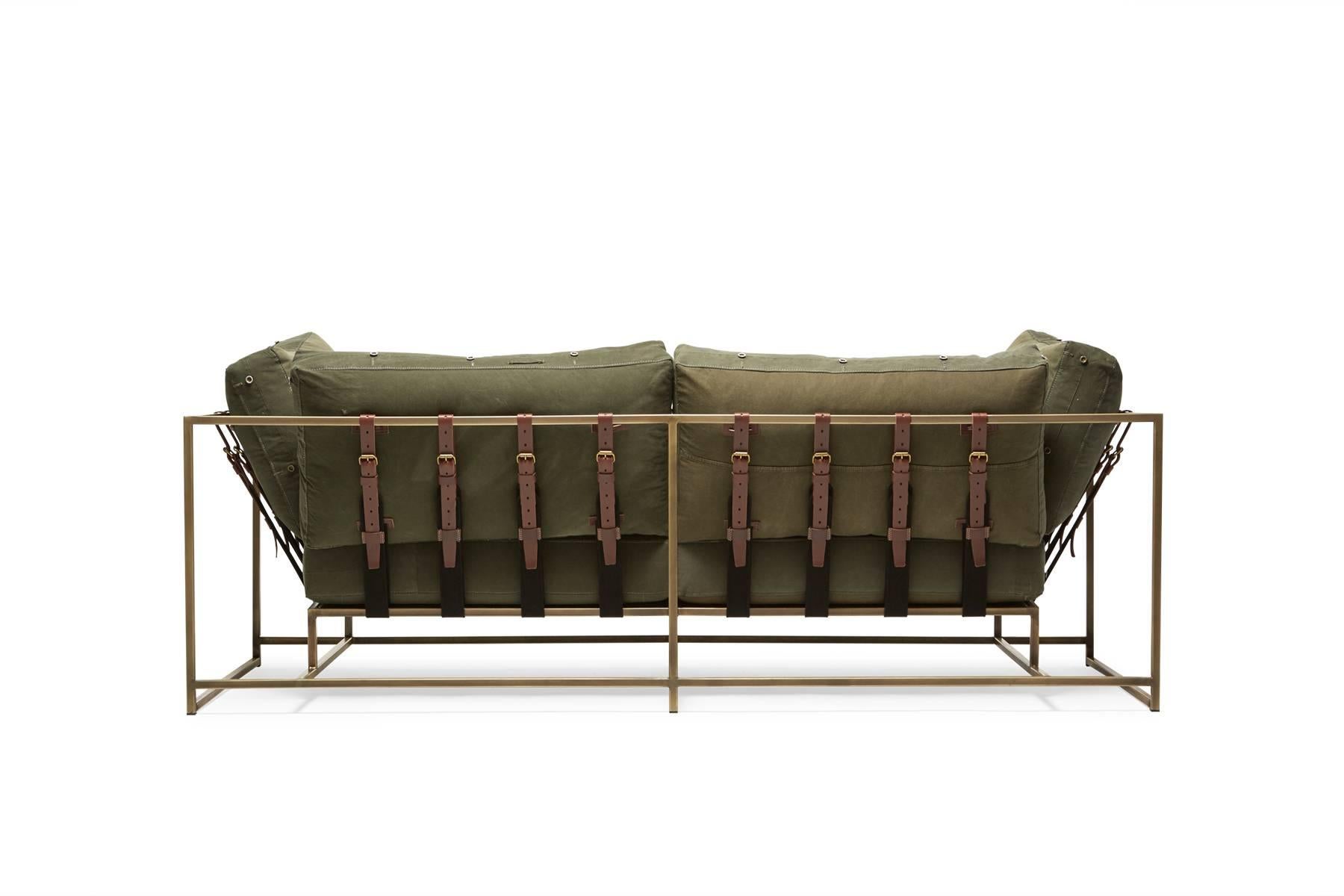 American Vintage Military Canvas and Antique Brass Two Seat Sofa For Sale