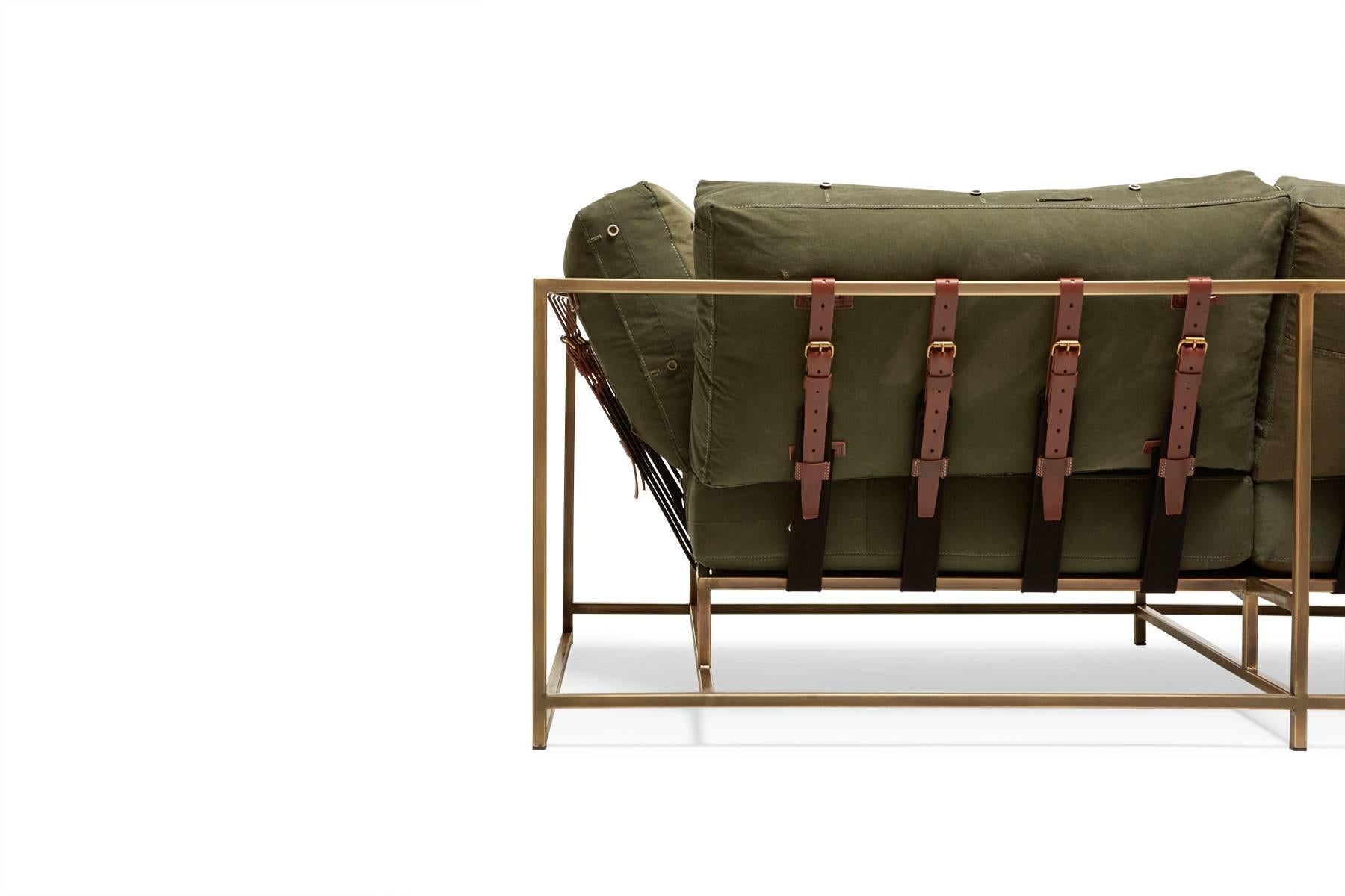 Metalwork Vintage Military Canvas and Antique Brass Two Seat Sofa For Sale