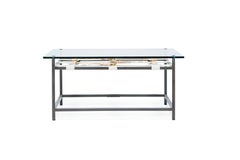 Glass Coffee Table with Blackened Steel Frame & Belts