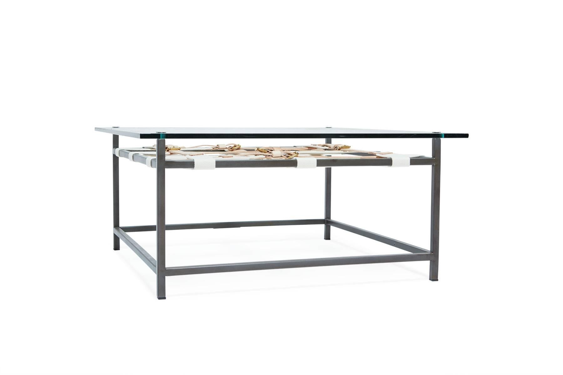 Contemporary Glass Coffee Table with Blackened Steel Frame & Belts For Sale