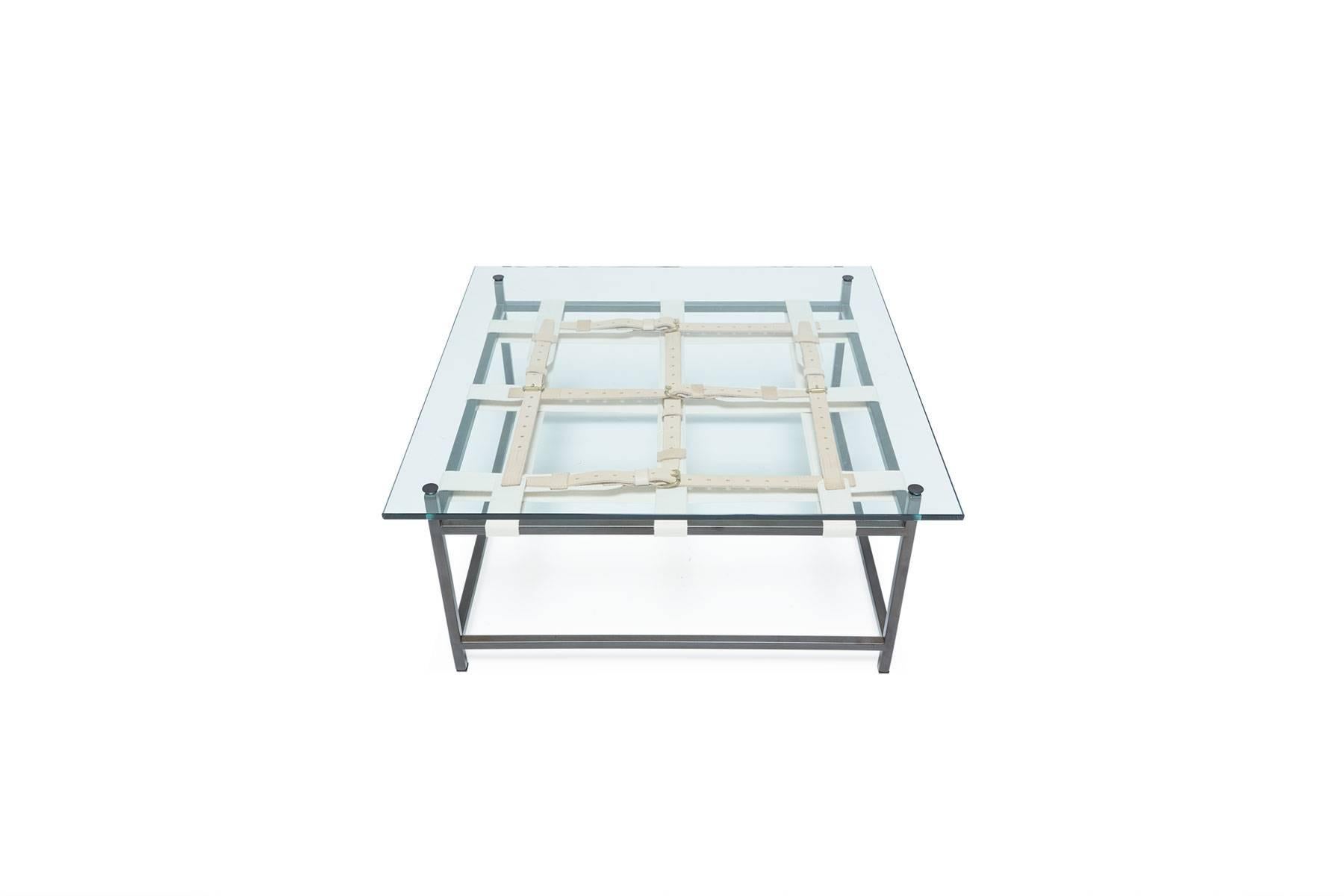 Glass Coffee Table with Blackened Steel Frame & Belts For Sale 1