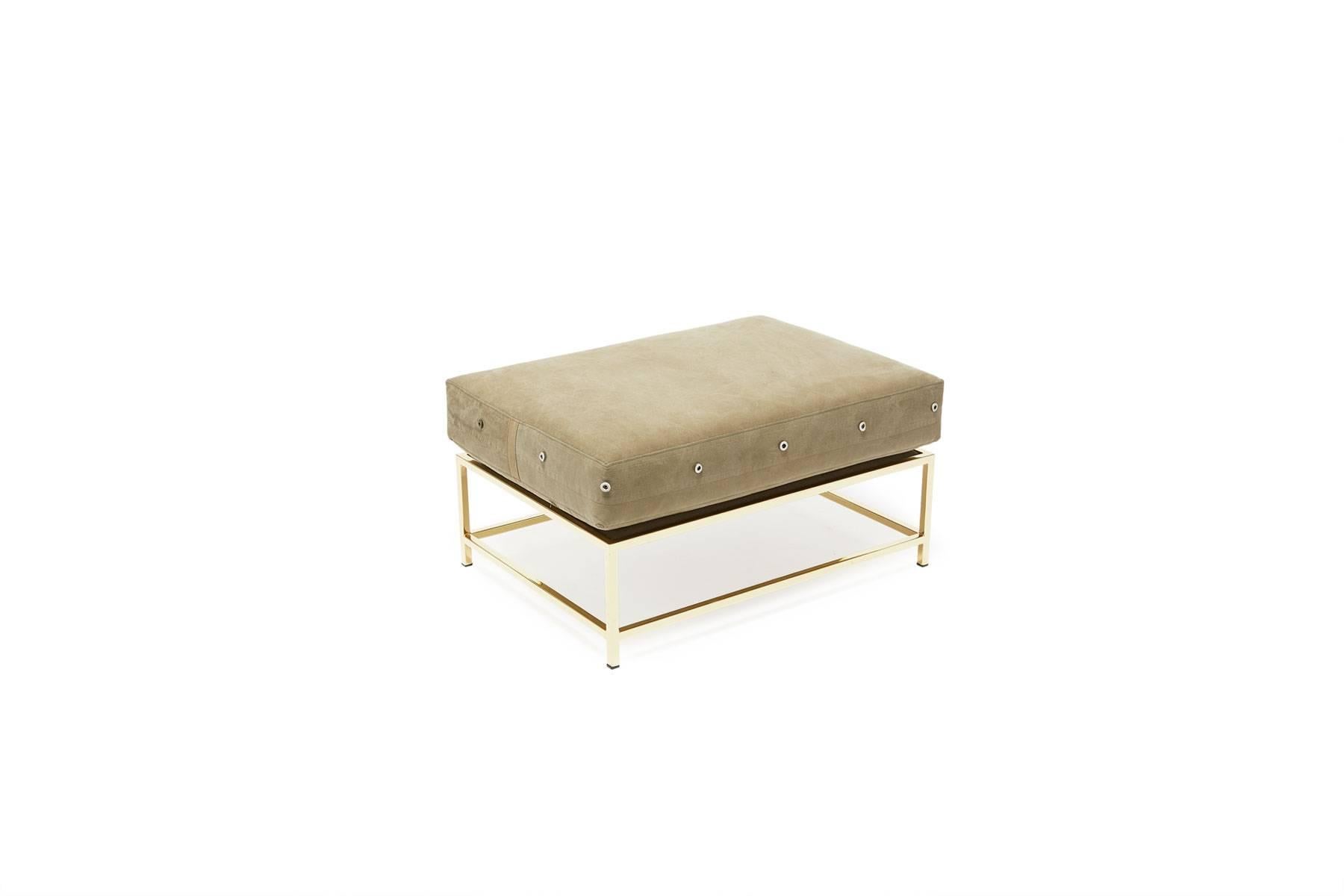 Modern Vintage Military Canvas and Polished Brass Ottoman For Sale