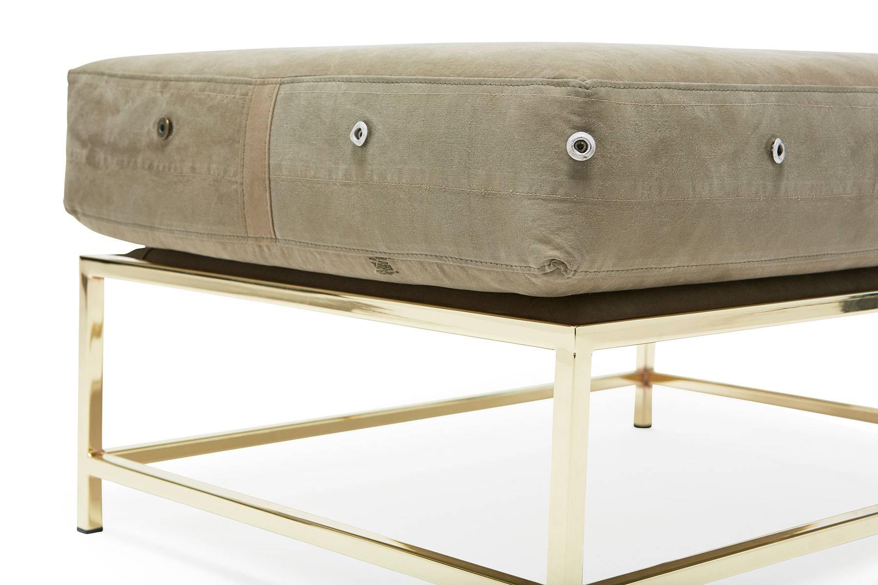 American Vintage Military Canvas and Polished Brass Ottoman For Sale