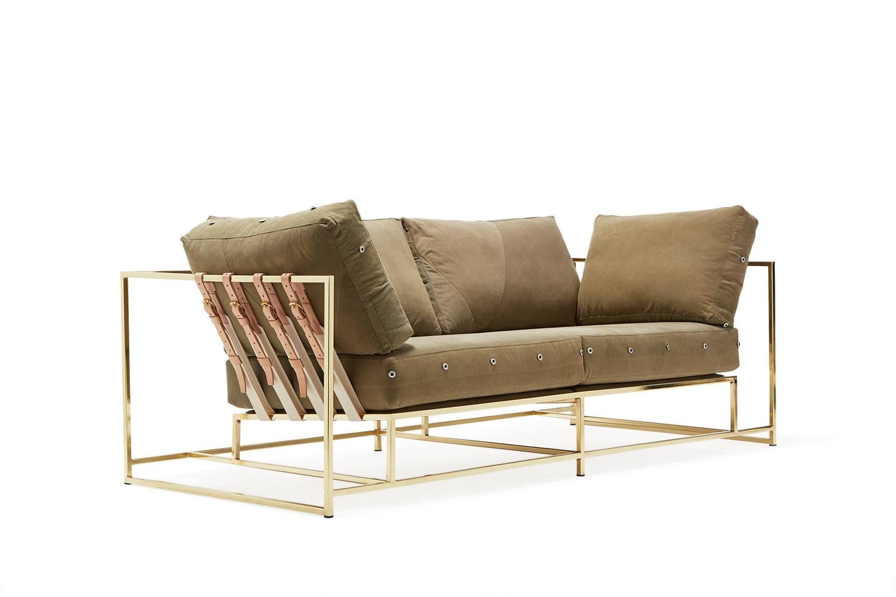 Modern Vintage Military Canvas and Polished Brass Two-Seat Sofa For Sale