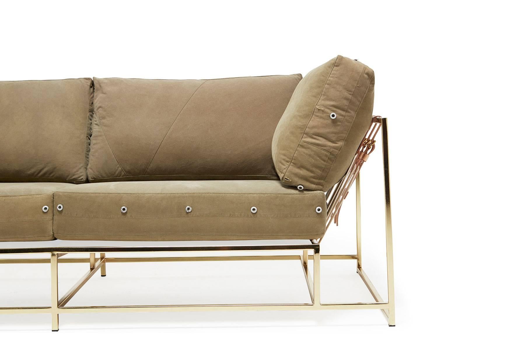 American Vintage Military Canvas and Polished Brass Two-Seat Sofa For Sale