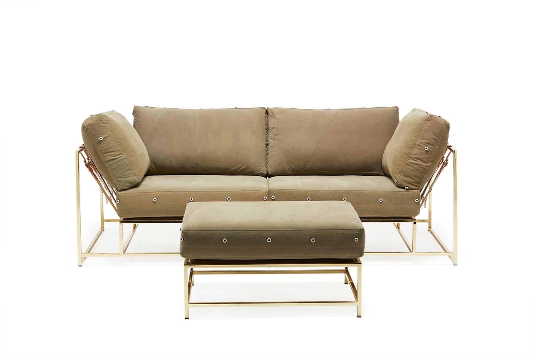 Plated Vintage Military Canvas and Polished Brass Two-Seat Sofa For Sale