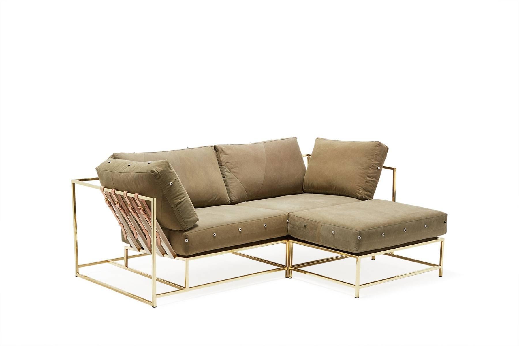 Contemporary Vintage Military Canvas and Polished Brass Two-Seat Sofa For Sale