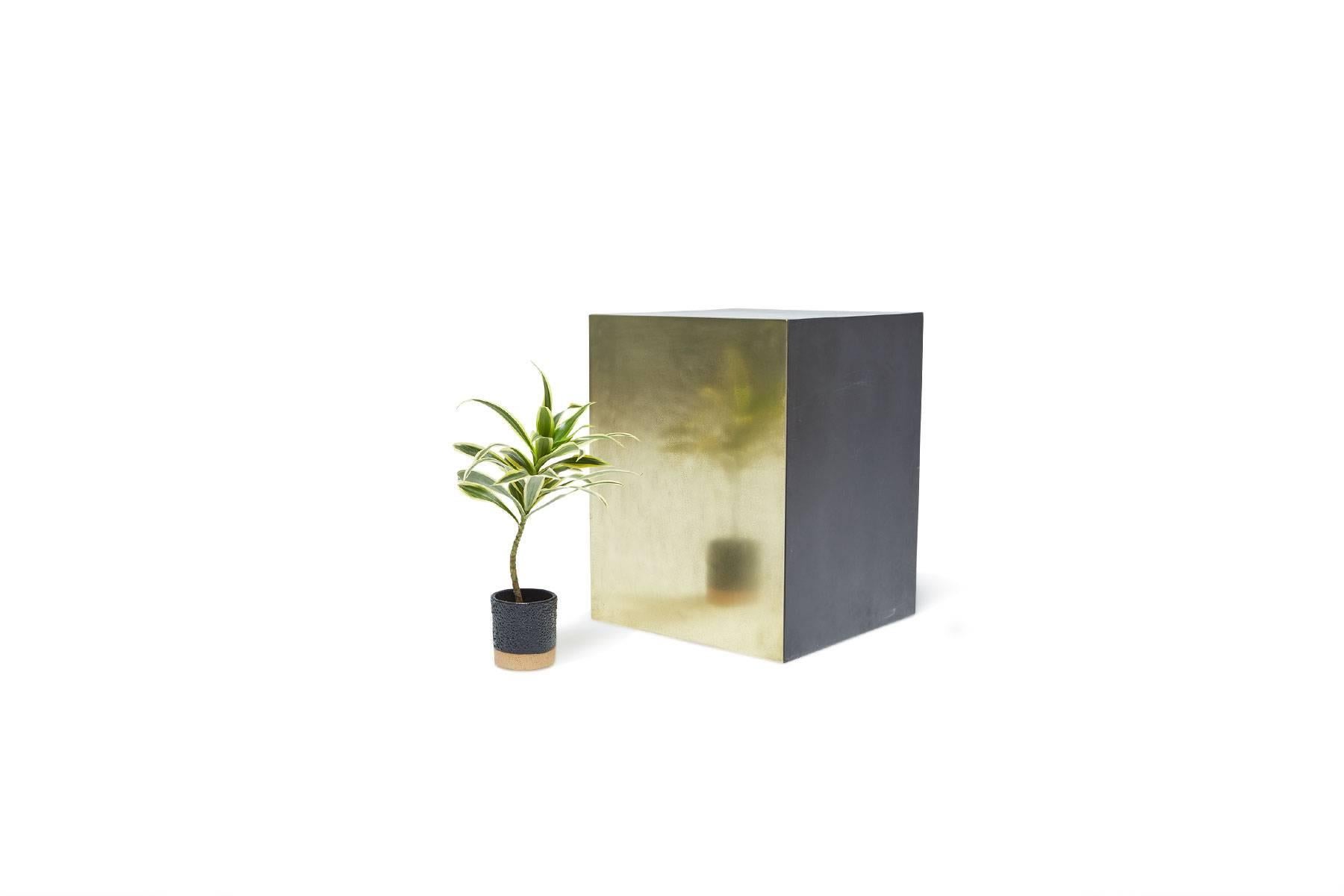 Modern Tarnished Brass and Blackened Steel Block Side Table For Sale