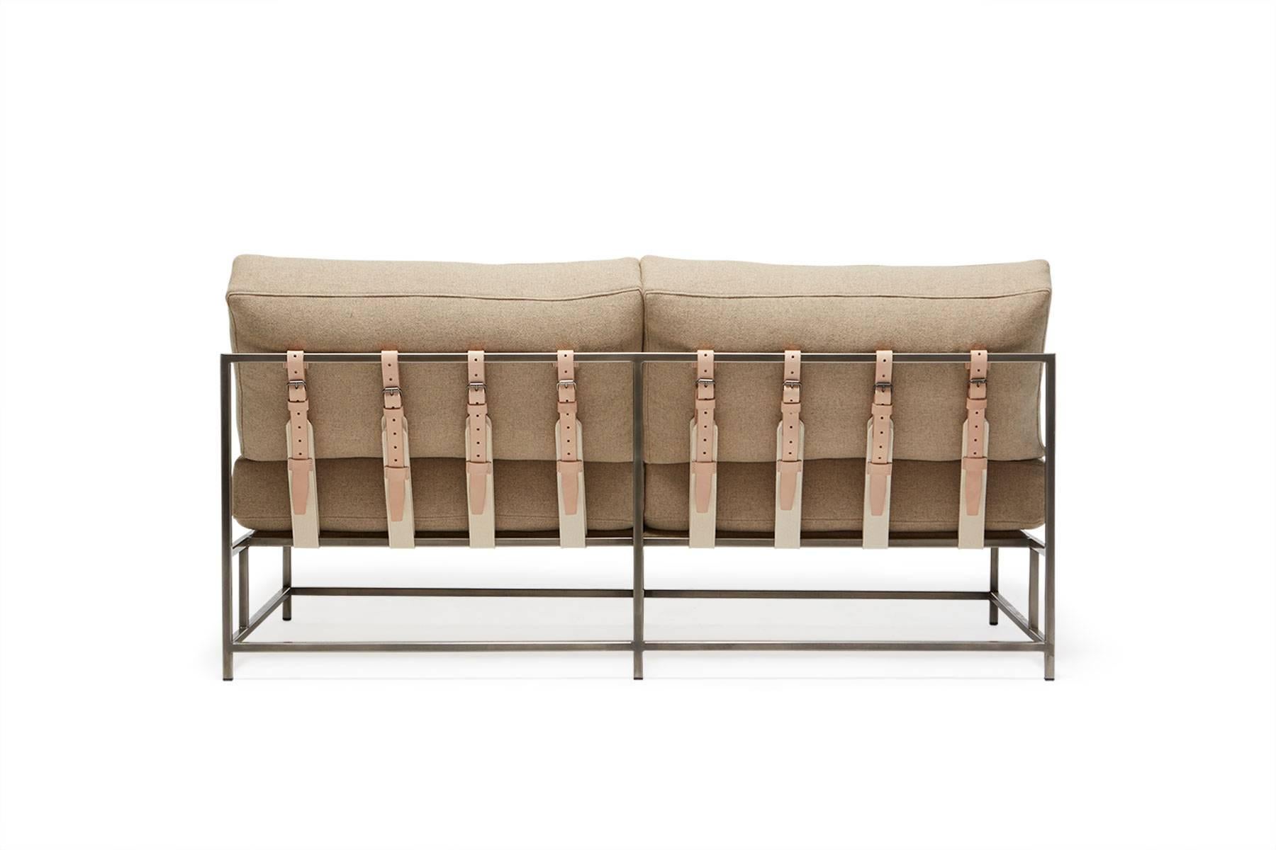 Modern Tan Wool and Antique Nickel Loveseat For Sale