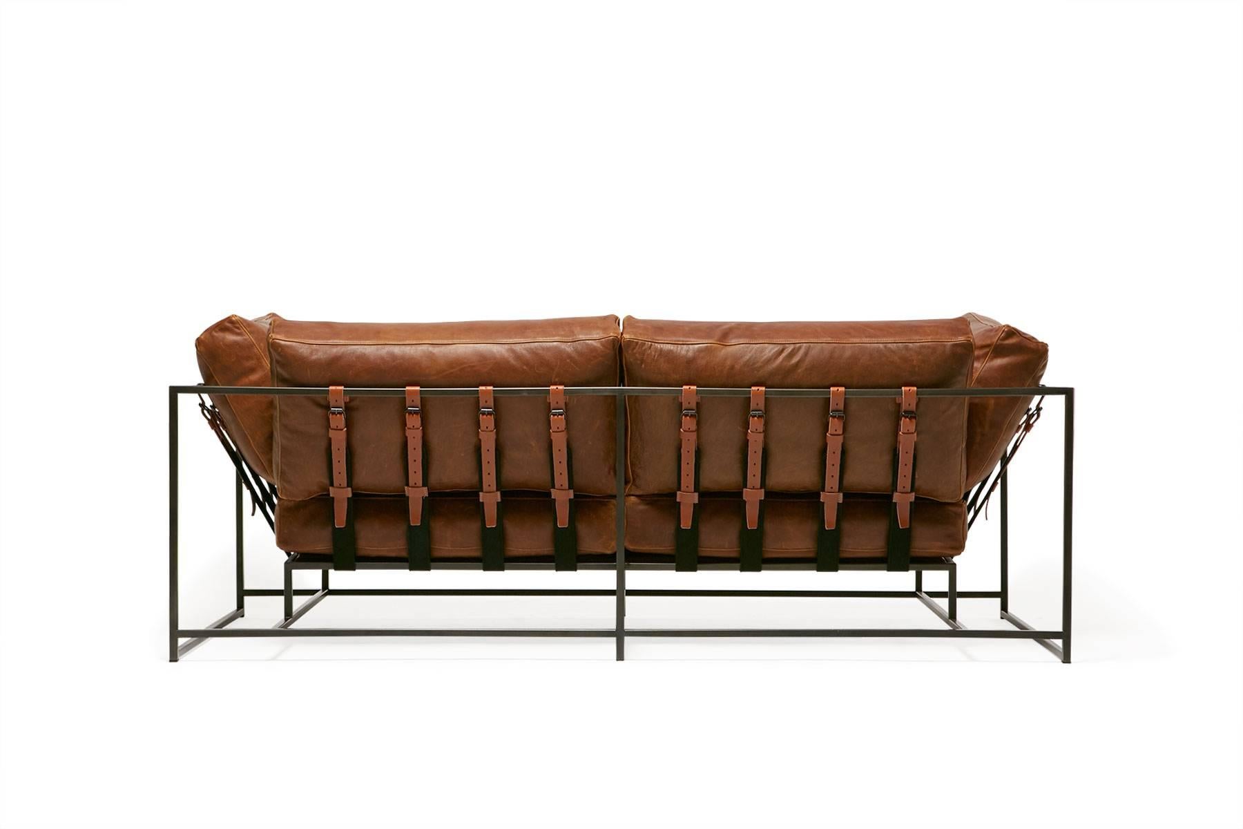 Modern Potomac Leather and Blackened Steel Two-Seat Sofa For Sale