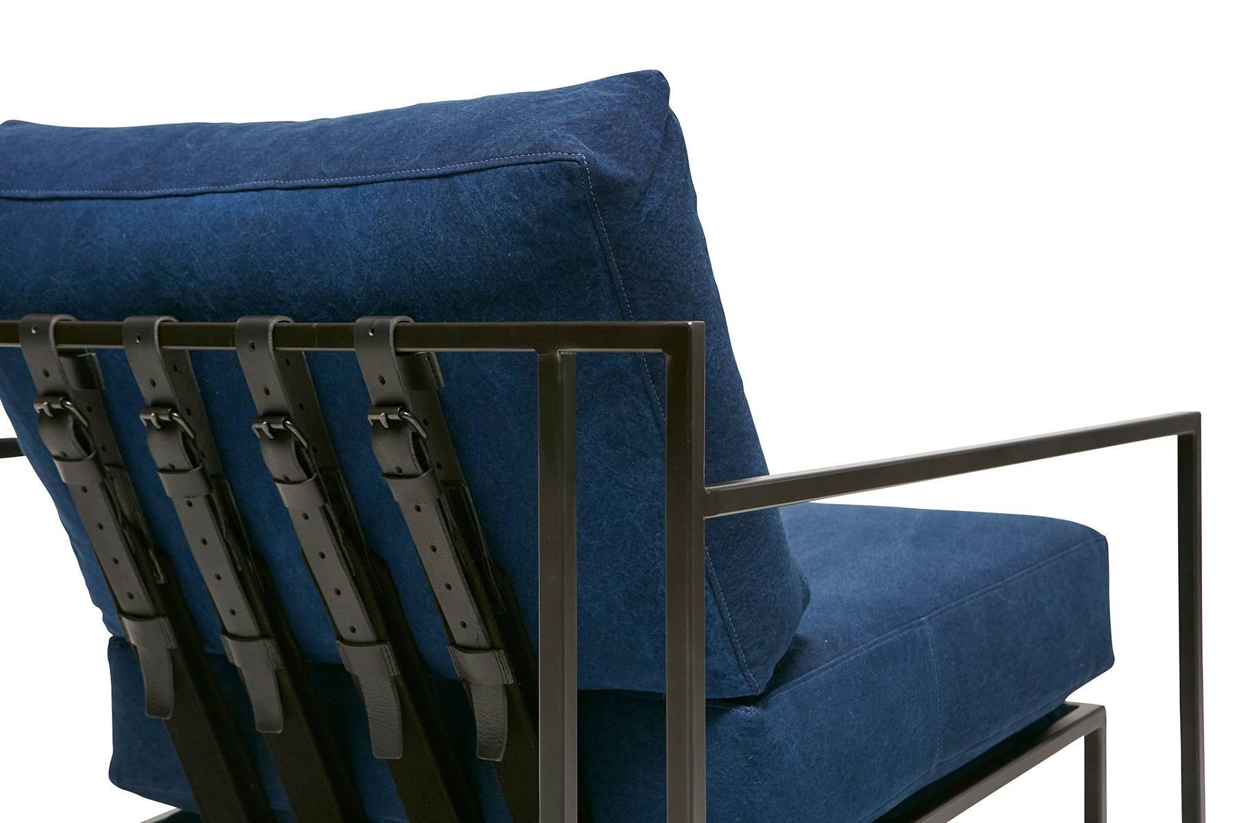 Modern Hand-Dyed Indigo Canvas and Blackened Steel Armchair For Sale