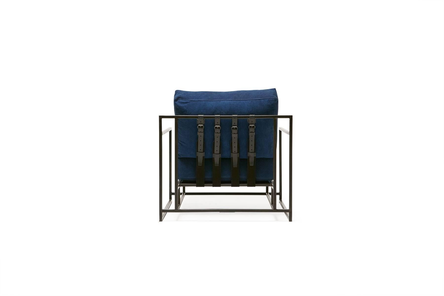 American Hand-Dyed Indigo Canvas and Blackened Steel Armchair For Sale