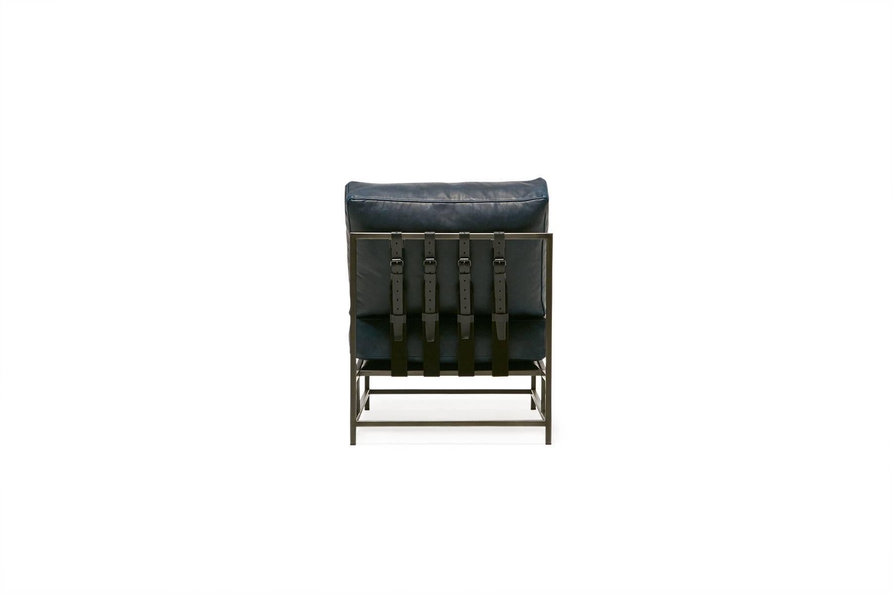 Modern Navy Leather and Antique Nickel Chair For Sale
