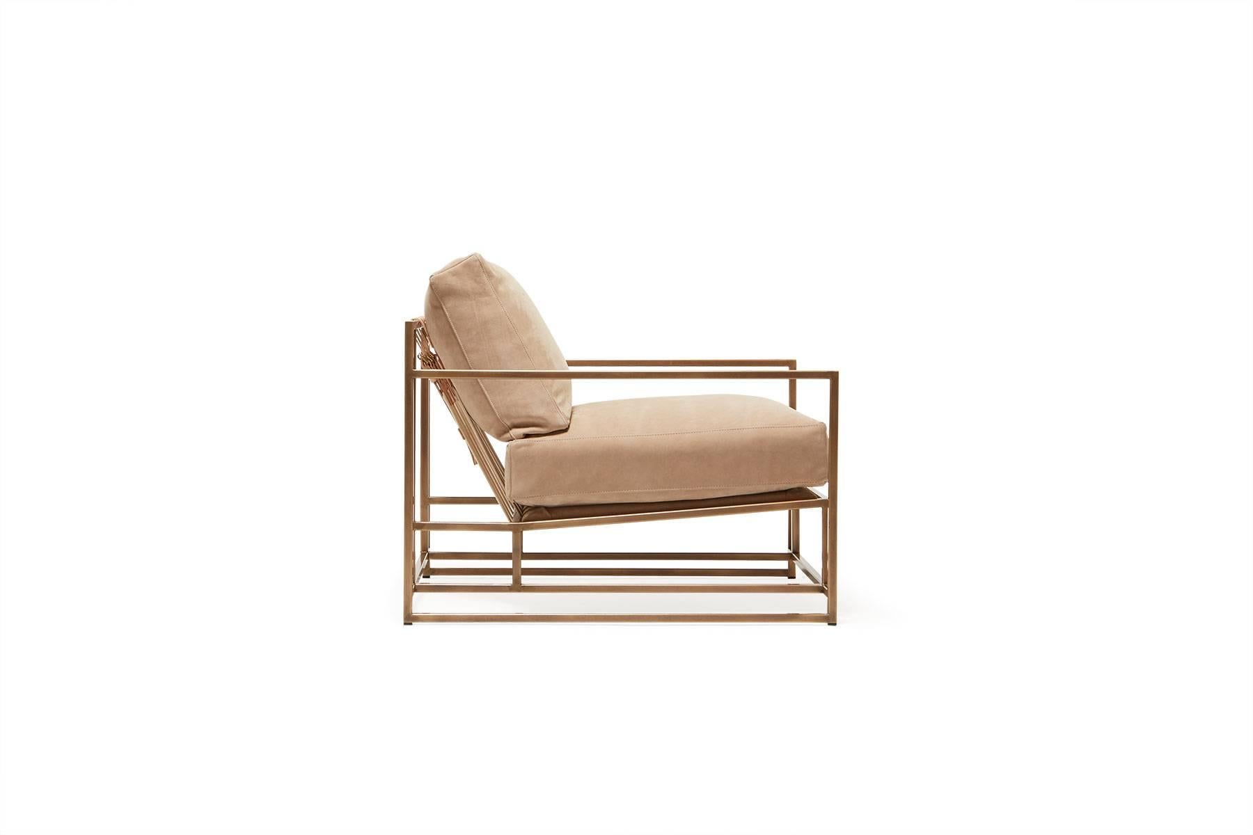 Modern Taupe Nubuck Leather and Antique Brass Armchair For Sale