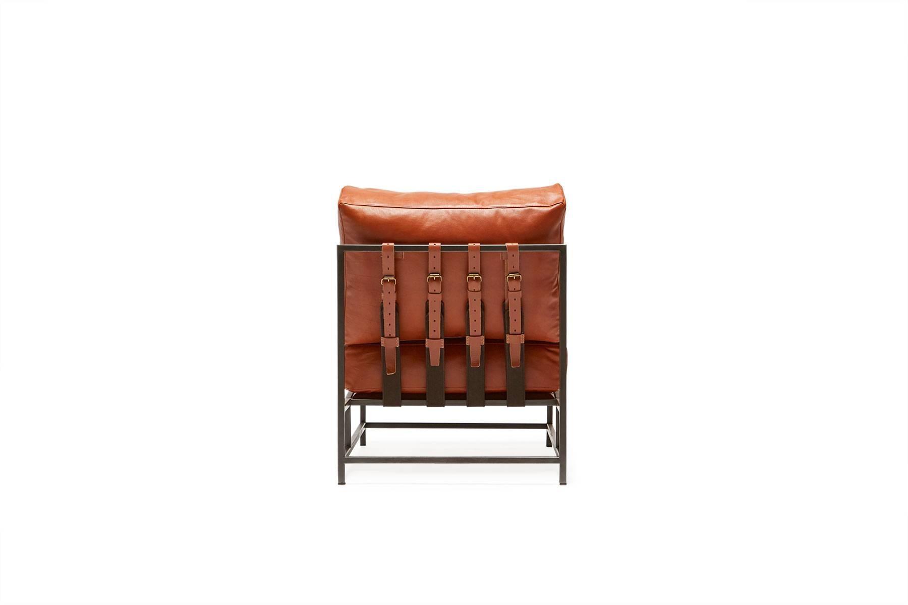American Encounter Cognac Leather and Blackened Steel Chair For Sale