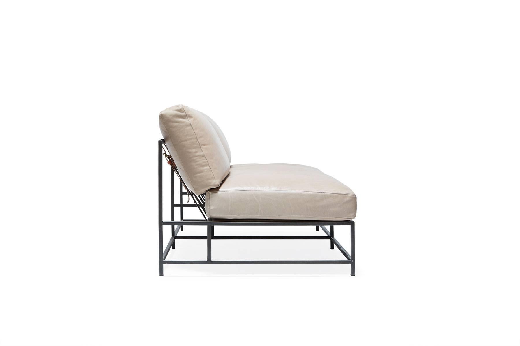 Modern Cream Leather and Blackened Steel Loveseat For Sale