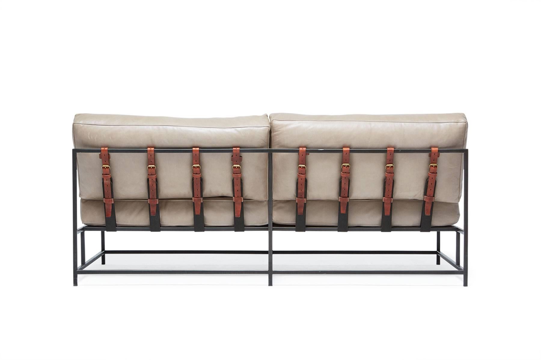 American Cream Leather and Blackened Steel Loveseat For Sale