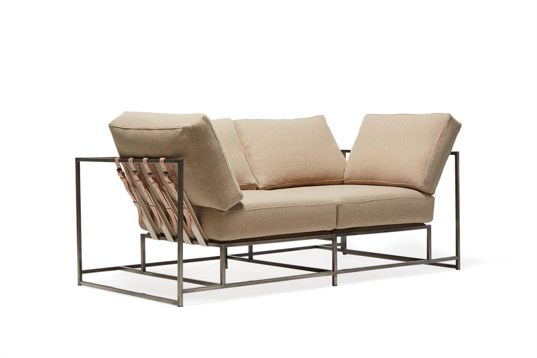 Modern Tan Wool and Antique Nickel Two-Seat Sofa For Sale