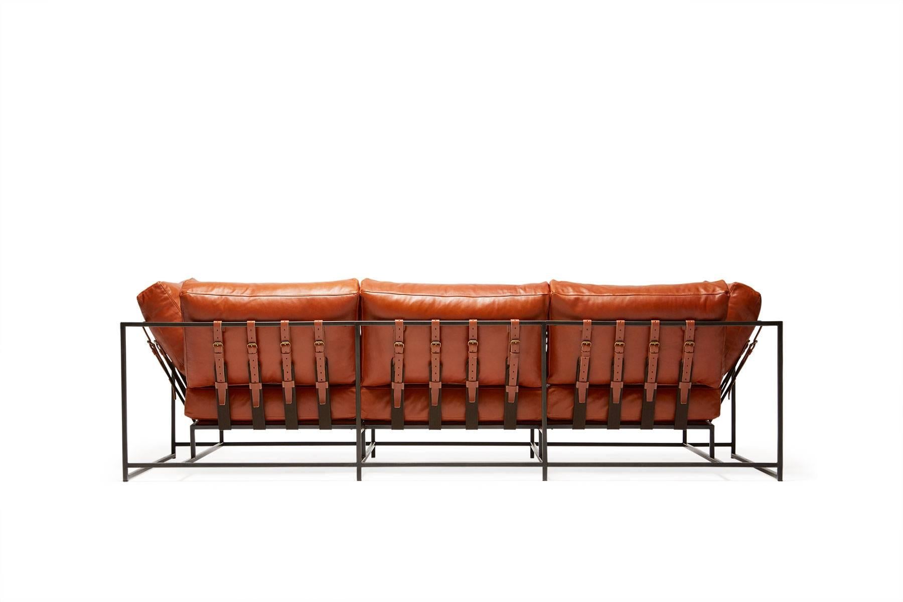 American Encounter Cognac Leather and Blackened Steel Three-Piece Sofa For Sale