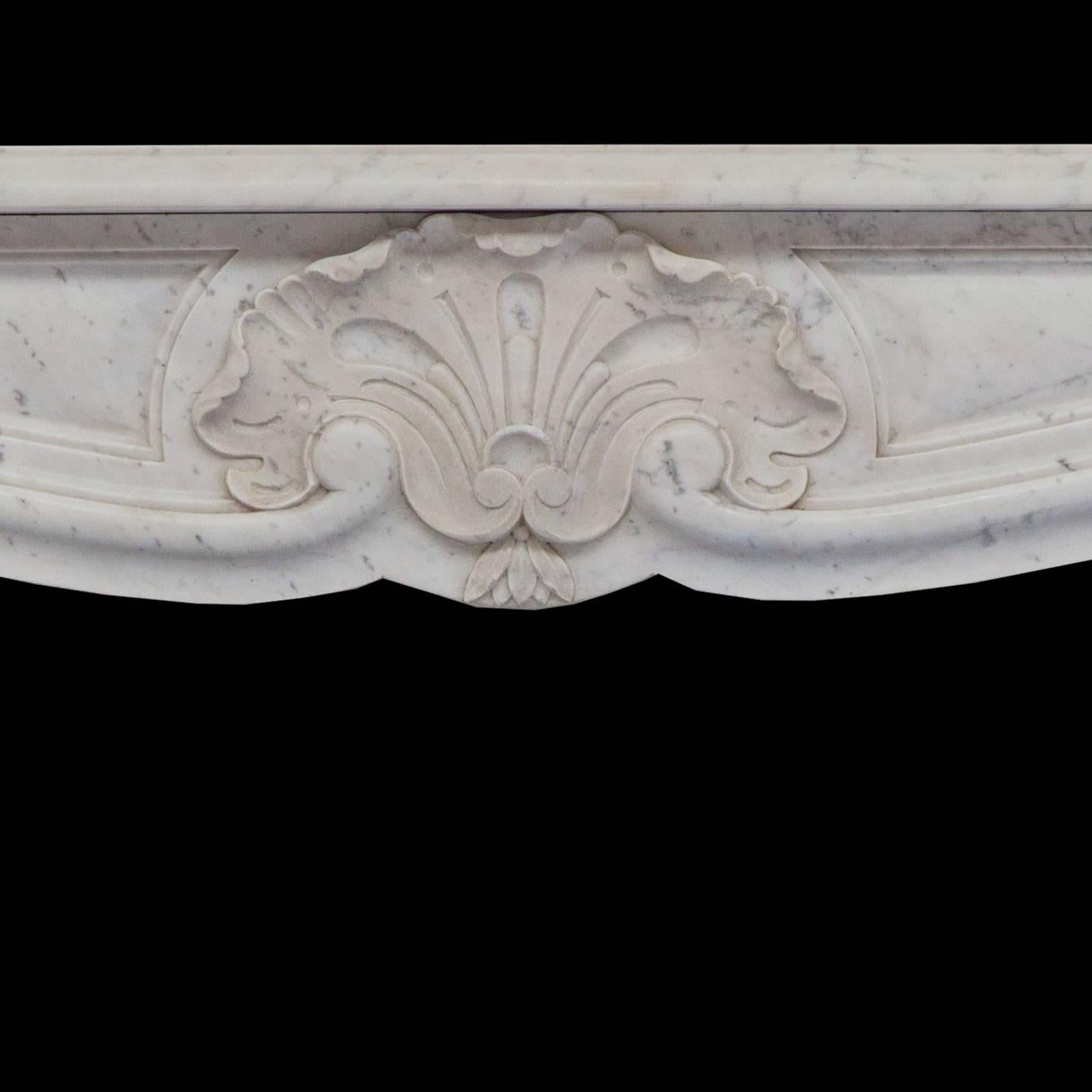 19th century antique Louis XV Loire white Carrara, hand-carved marble fireplace mantel.

38 1/4