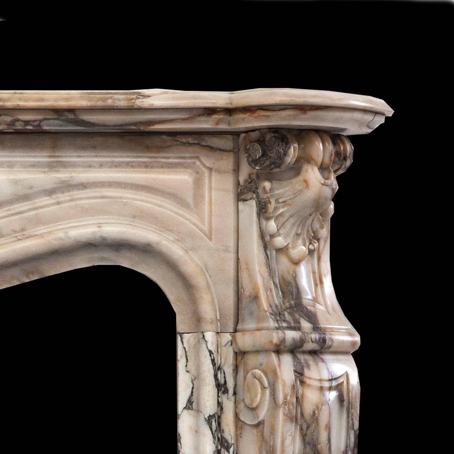 Hand-Carved 19th Century, Louis XV Style Fireplace Mantel in Breche de Benou Marble