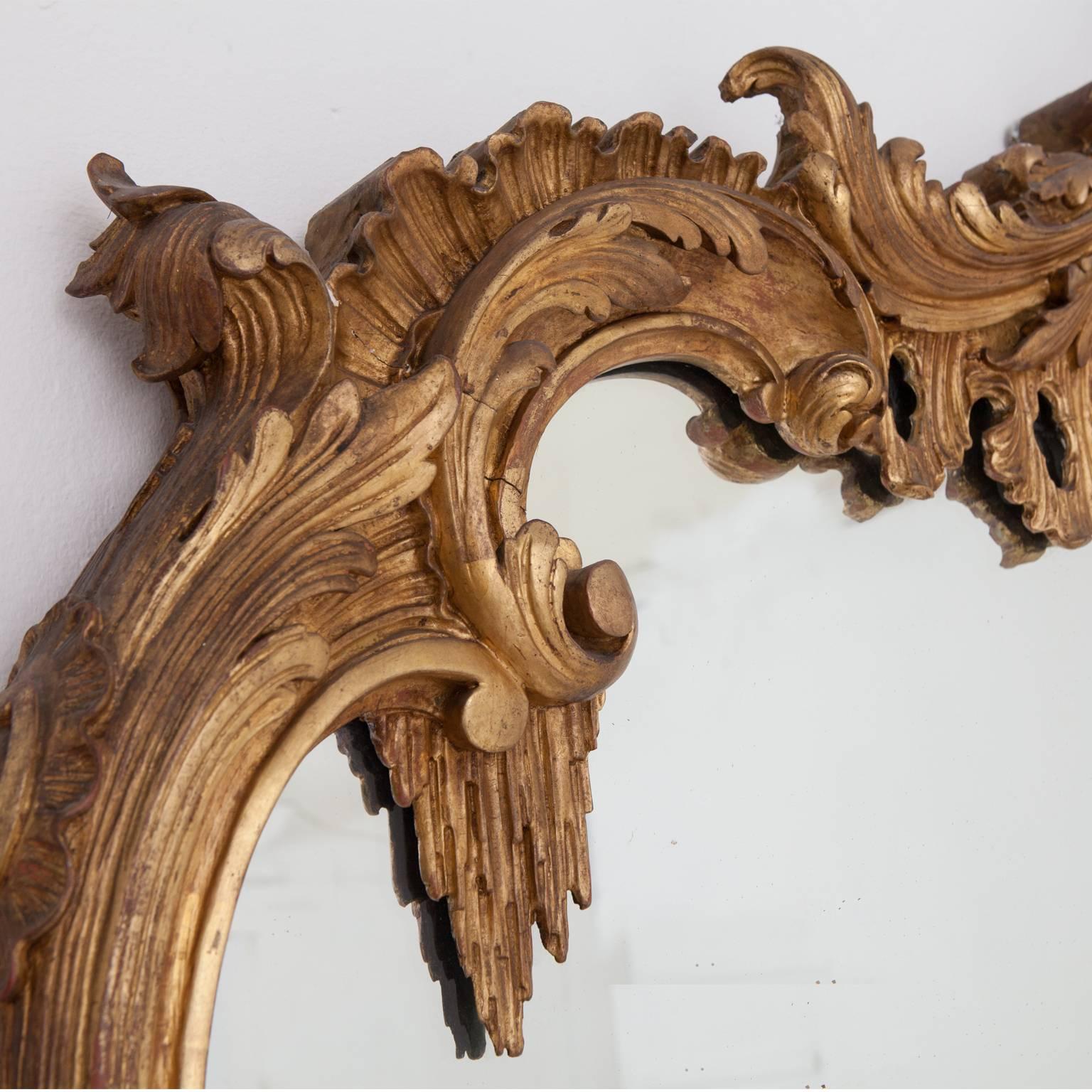 Très rare grand miroir de console ou de trumeau en bois doré du XIXe siècle, sculpté à la main.
Coquillage et feuillage finement sculptés et détaillés. Récupéré d'un manoir anglais. Un article unique et une véritable pièce d'identité.