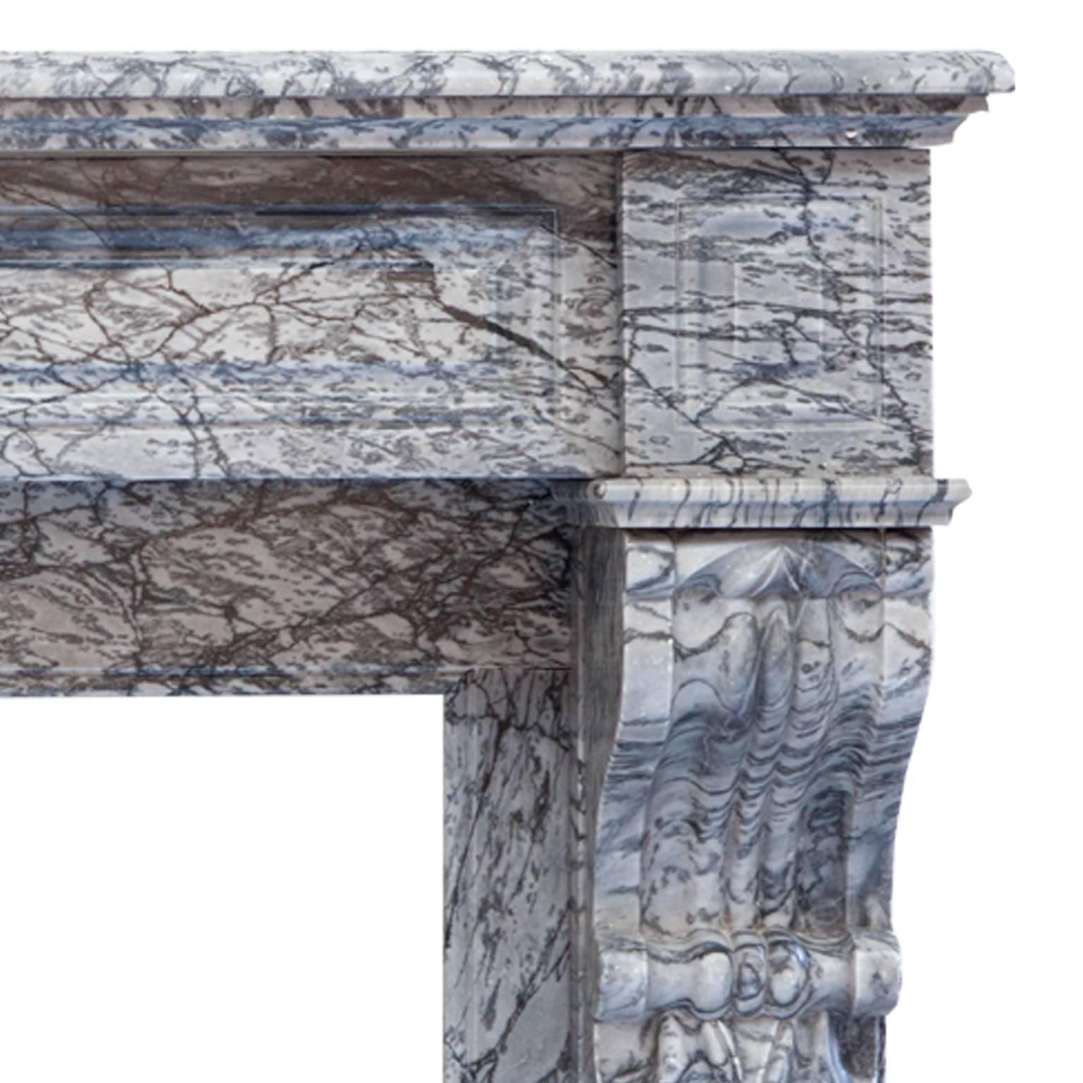 Unique Rare 19th Century Antique French Louis Phillipe Fireplace Mantel. Hand Carved in Desirable Blue Feuri Marble Which Is From Seravezza Near The Carrara Re´gion In Italy. It’s A Grey-Blue Crystalline Marble With Deep veins. Hand Carved Recessed