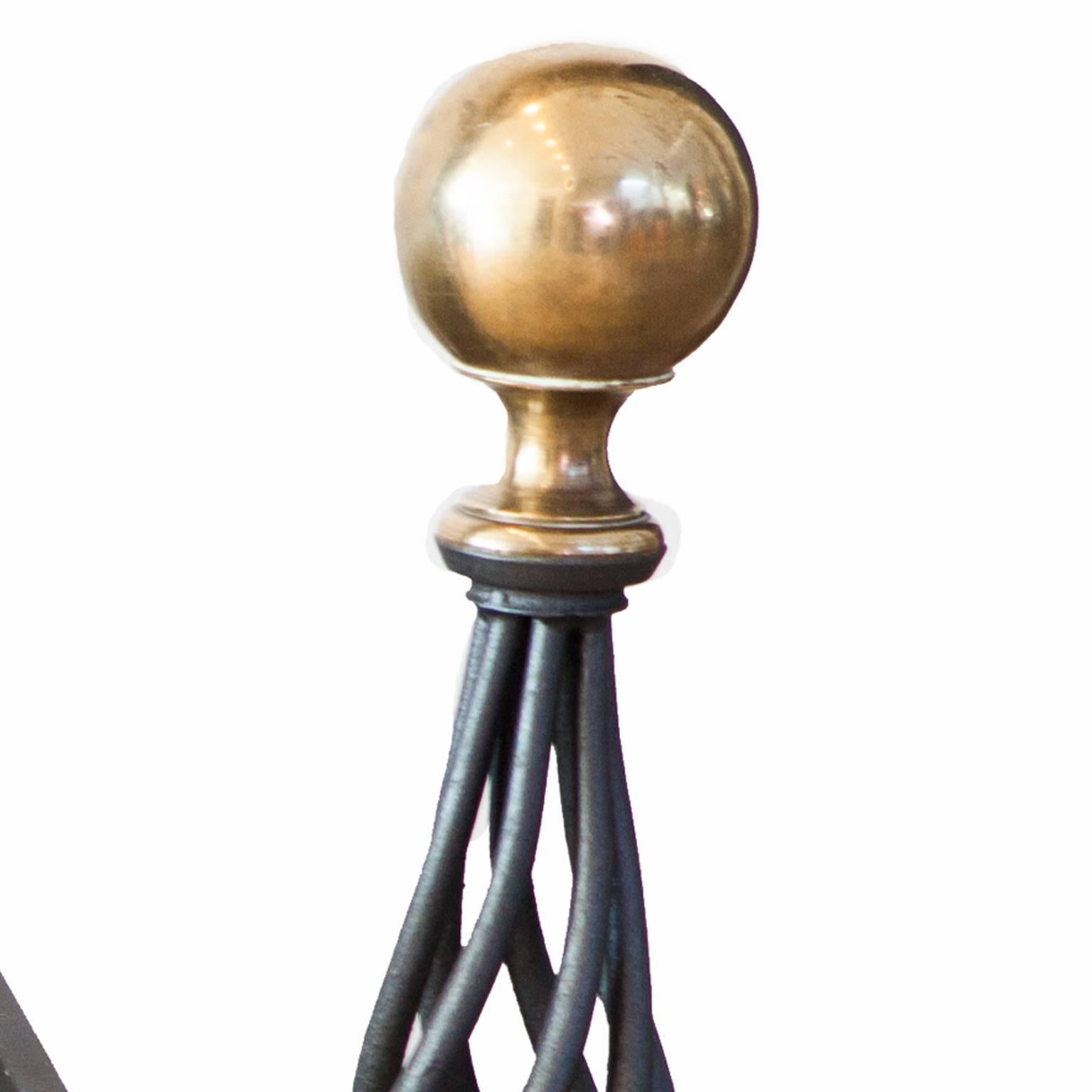 19th century blackened twisted cast iron and polished brass ball fire dogs, Andirons
Taken from An English County Manor House.