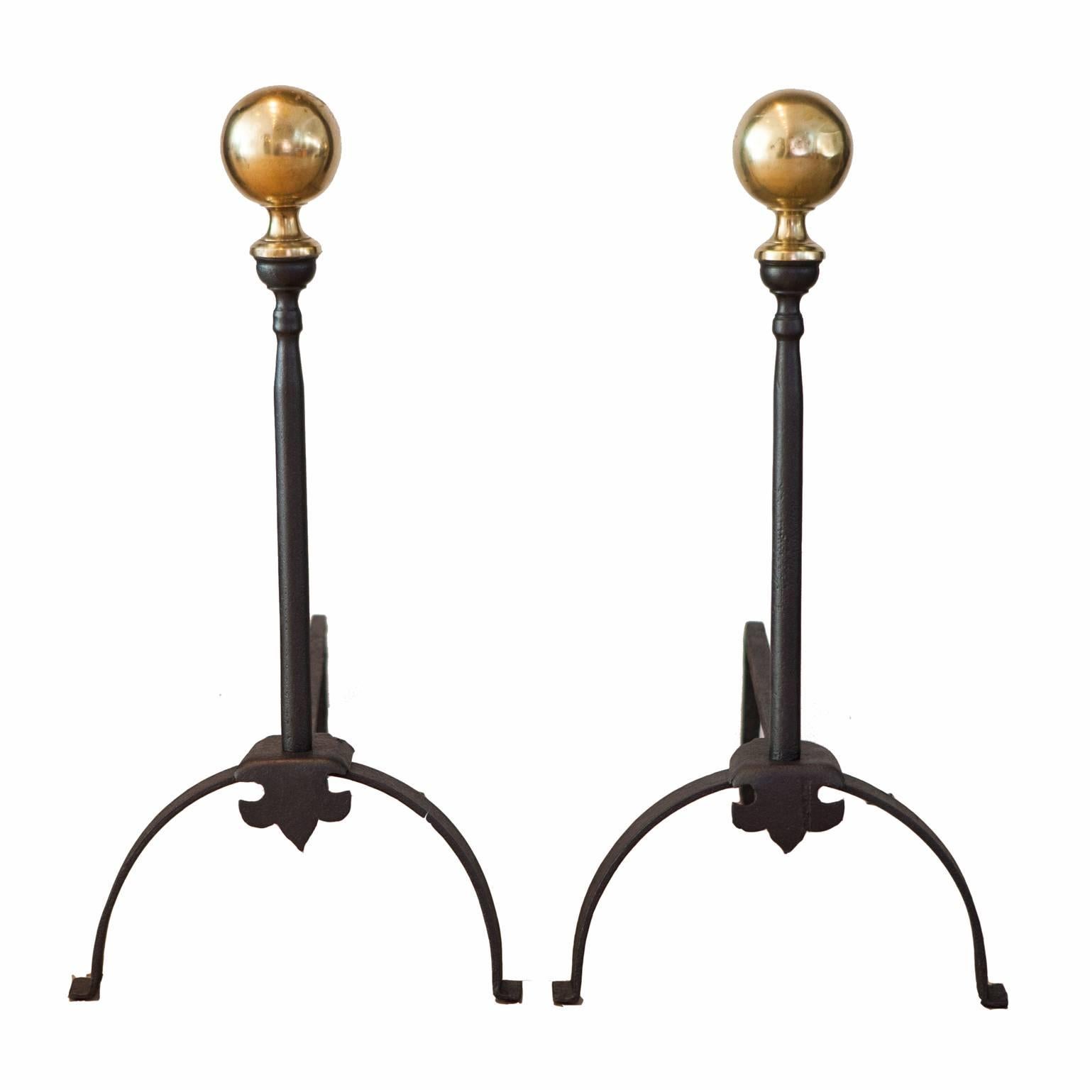 19th Century English Cast Iron and Brass Fire Dogs or Andirons