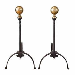 19th Century English Cast Iron and Brass Fire Dogs or Andirons