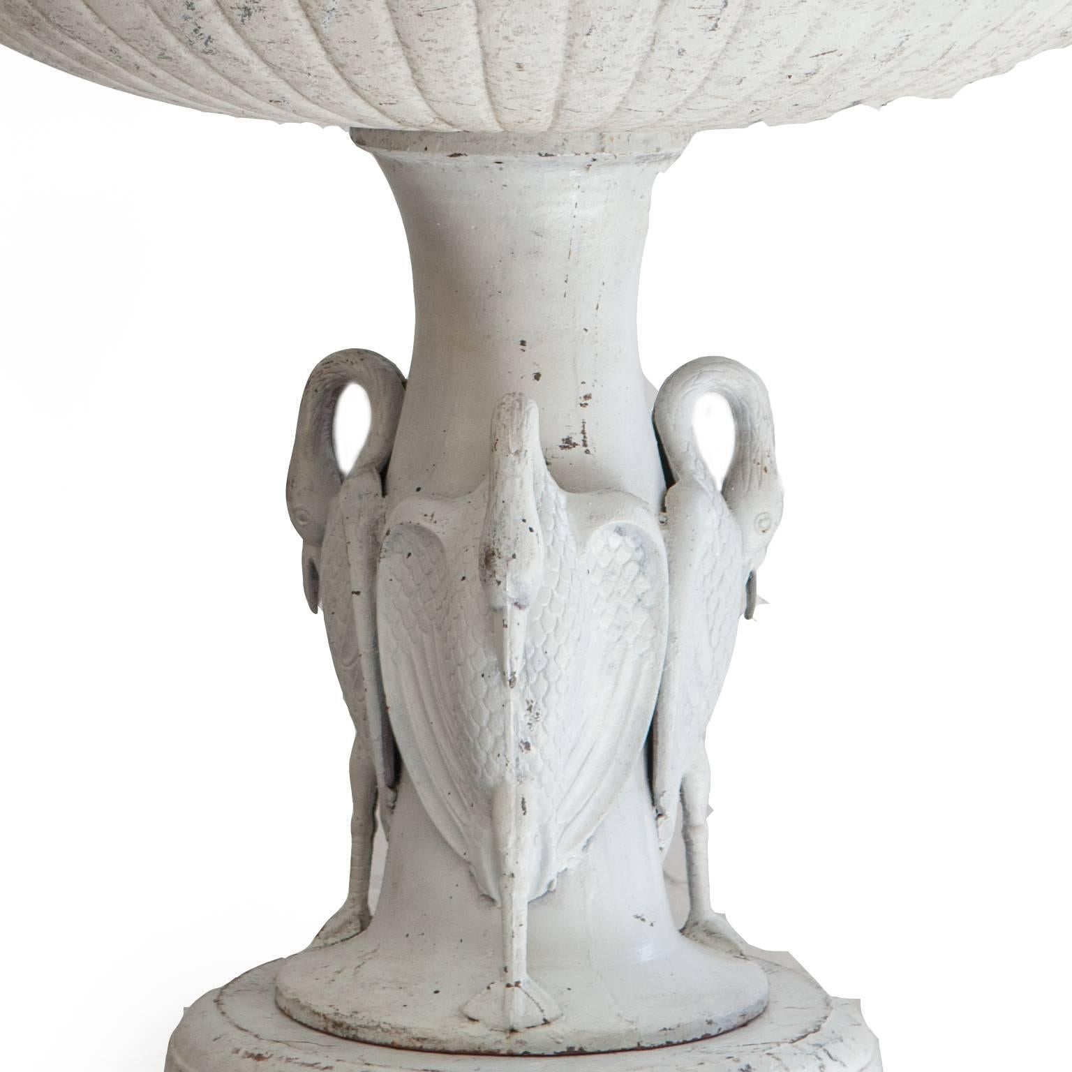 Vintage white cast iron three tier heron reclaimed fountain.
This is a wonderful Victorian style three tier fountain. There are three heron's surrounding the base. Taken from an English manor house. This comes in sections for ease of