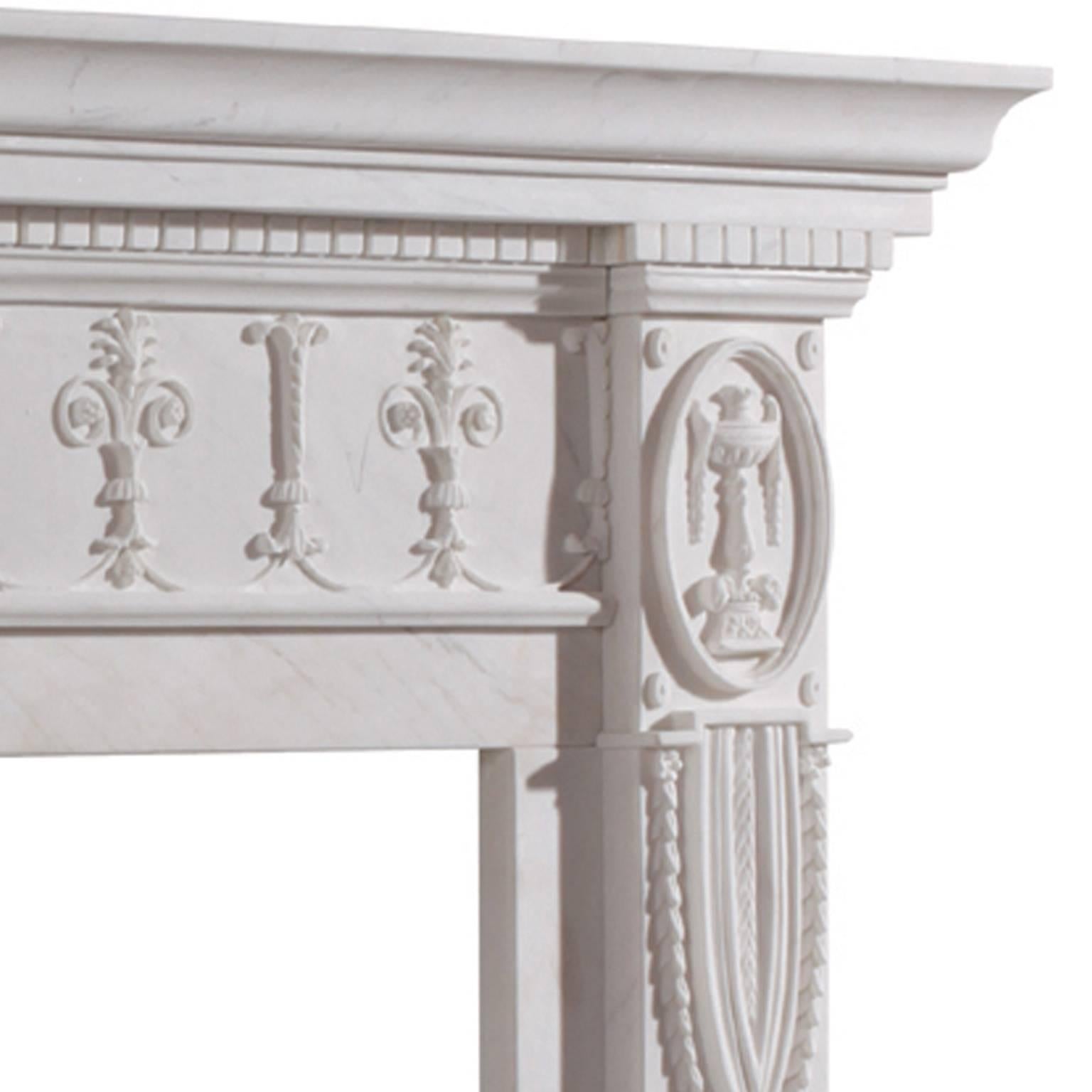18th Century Georgian Style Hand-Carved White Statuary Marble Fireplace Mantle In Excellent Condition For Sale In London, GB