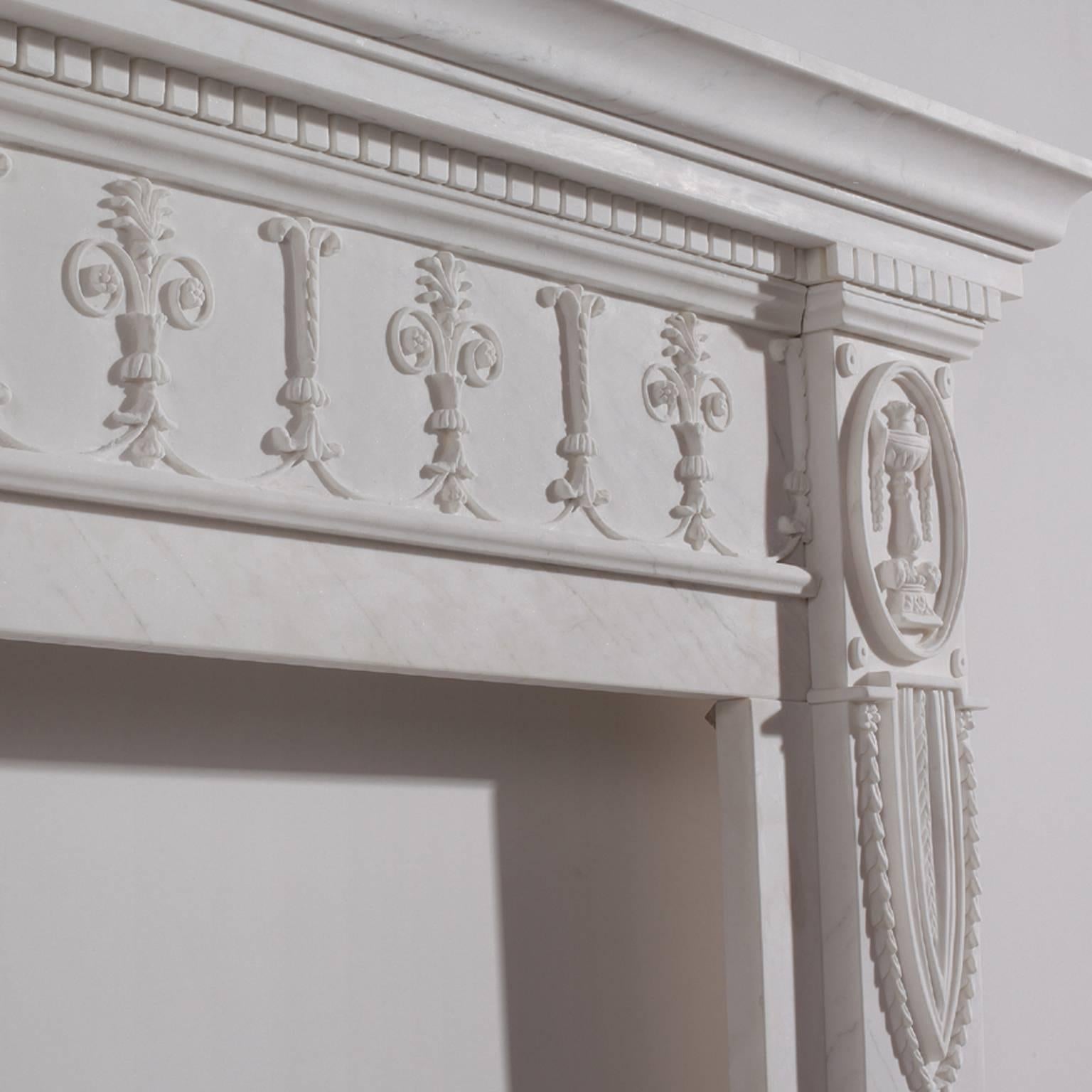 Great Britain (UK) 18th Century Georgian Style Hand-Carved White Statuary Marble Fireplace Mantle For Sale