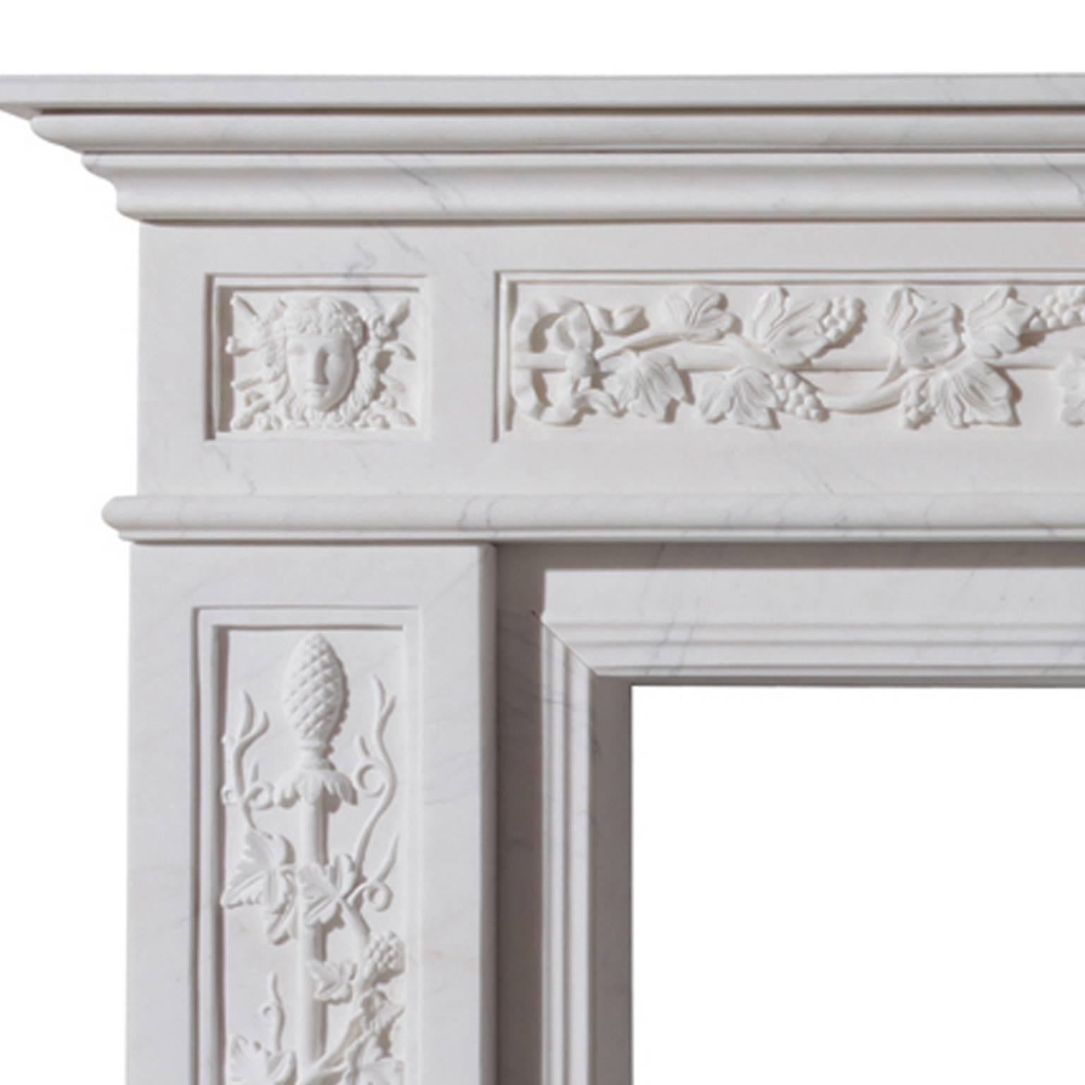 Unique fireplace produced under license from Kenwood House Hampstead, London. Finely detailed vines bearing clusters of ripe grapes clamber up the jambs and across the frieze of the dining room chimney-piece. Expertly hand-carved in imperial white