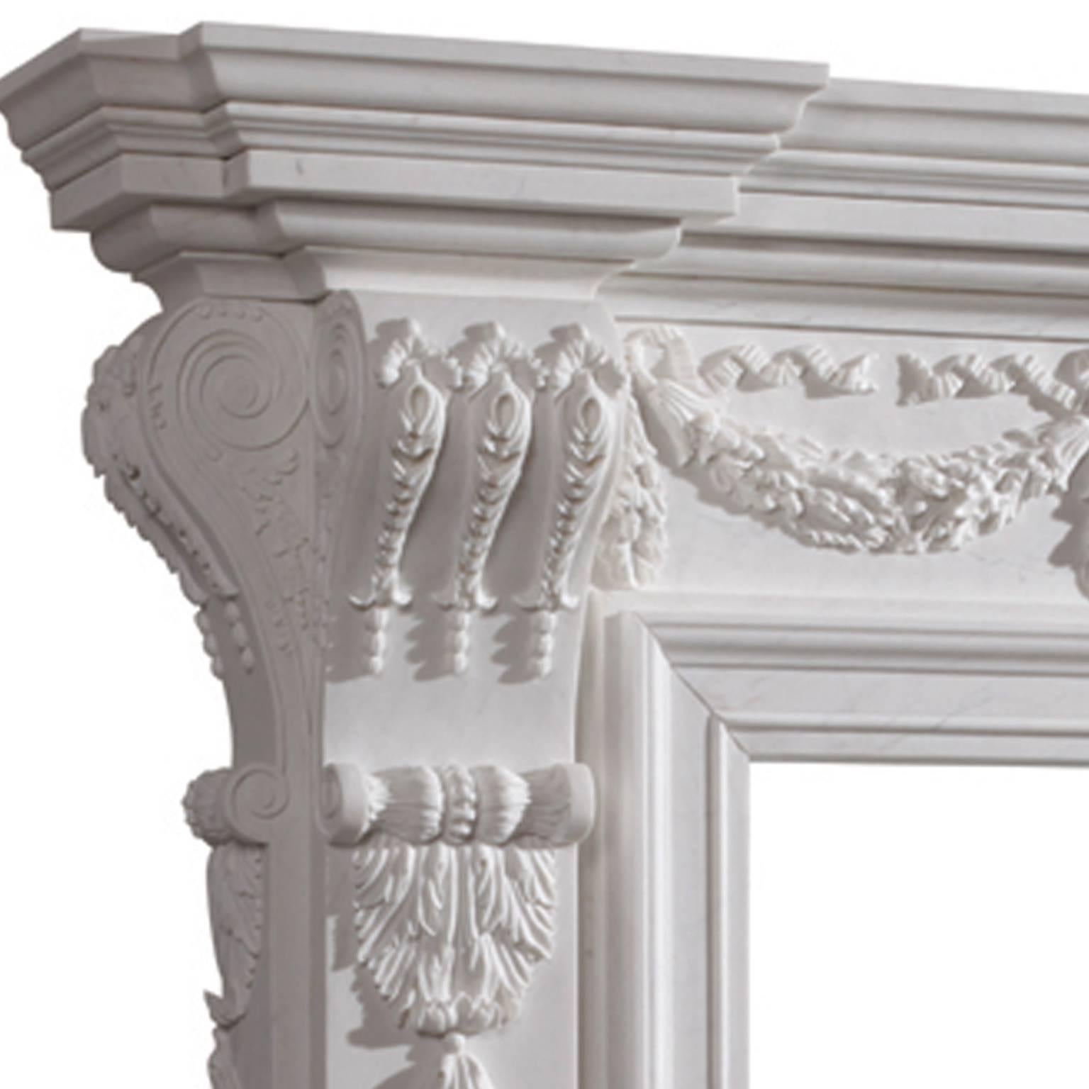 This unique fireplace produced under license from marble hill house, the great room. This large, imposing chimney-piece is based on a lavish design dating from circa 1729. Inspired by the work of the 17th century architect and stage designer Inigo